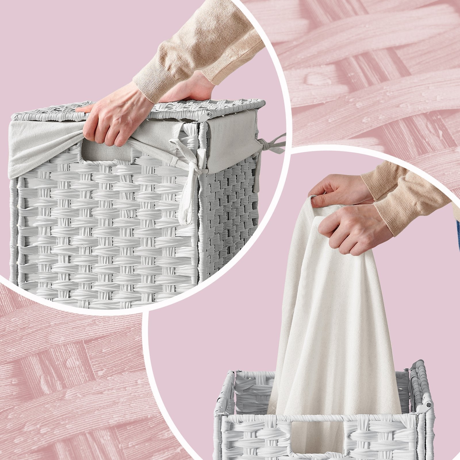 Laundry Basket - Synthetic Rattan - Natural - Foldable with Lid and Removable Liner