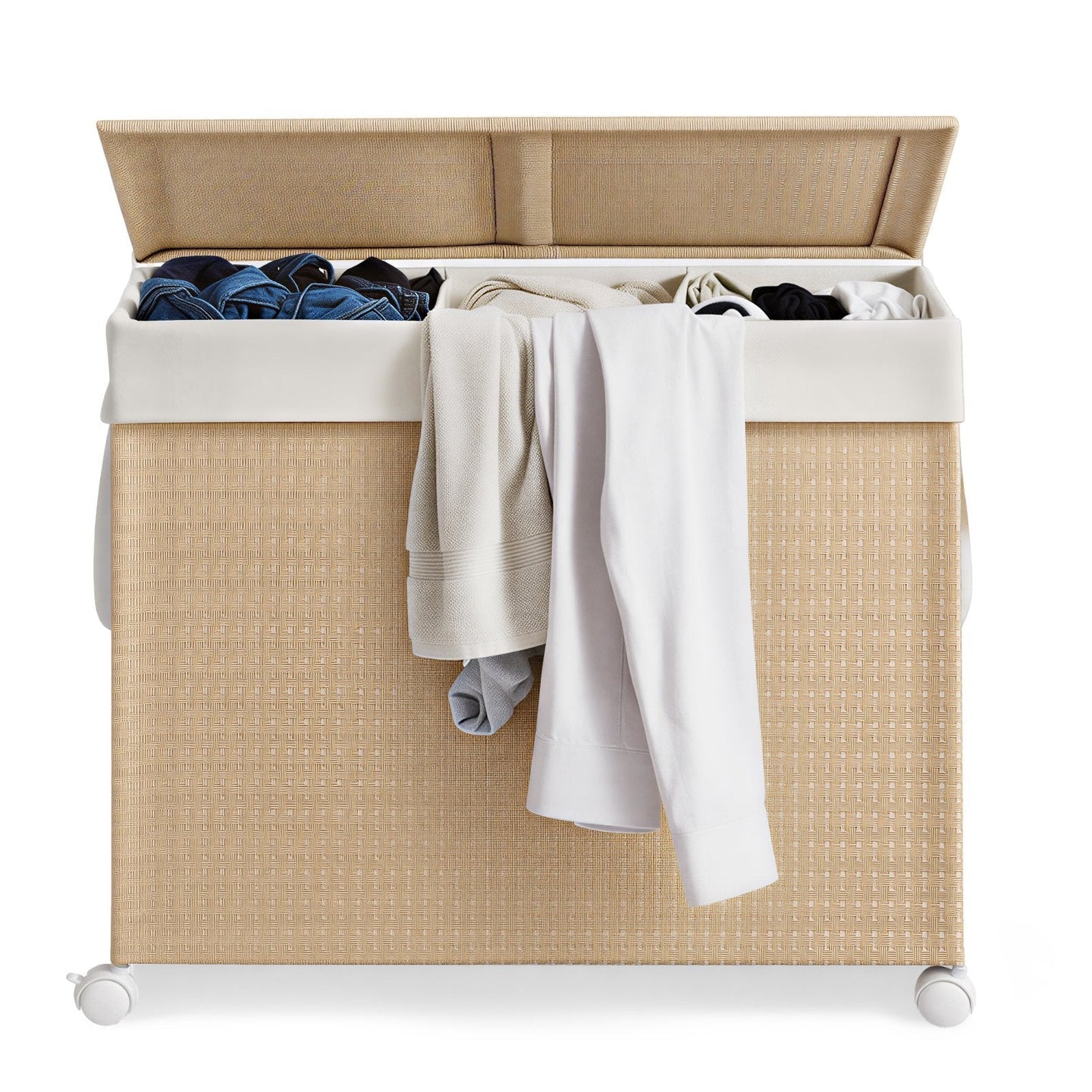 Laundry Hamper - Fabric - Natural Beige - 3-Section with Removable Liner and Lid