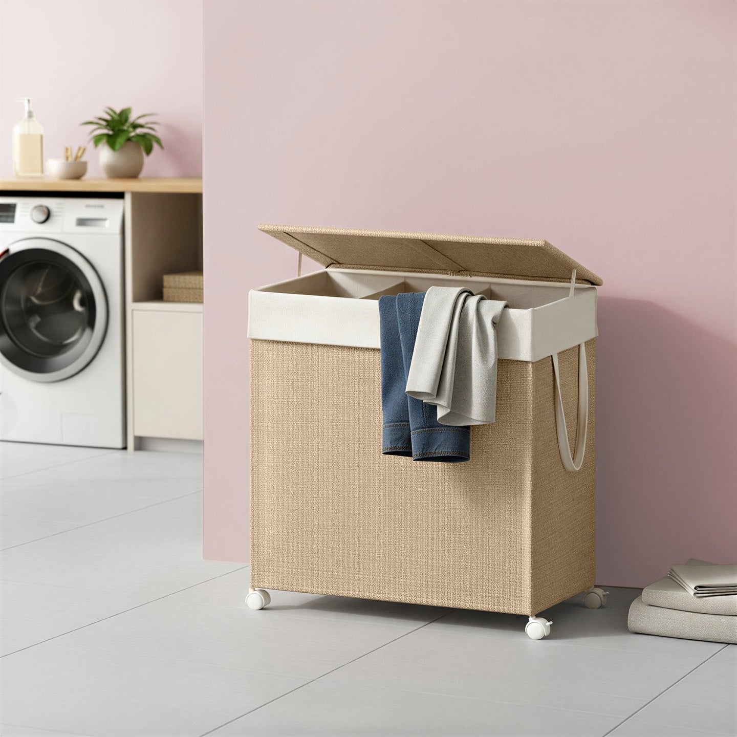 Laundry Hamper - Fabric - Natural Beige - 3-Section with Removable Liner and Lid