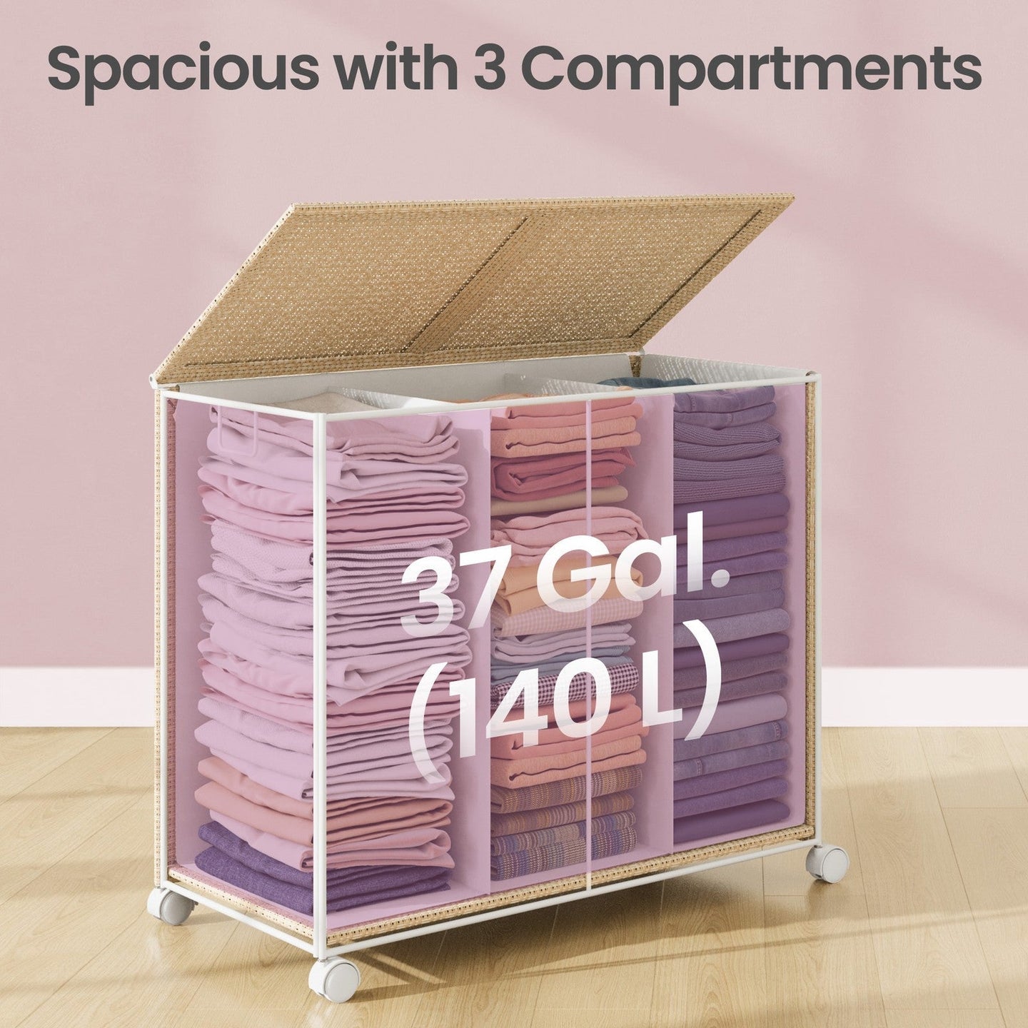 Laundry Hamper - Fabric - Natural Beige - 3-Section with Removable Liner and Lid