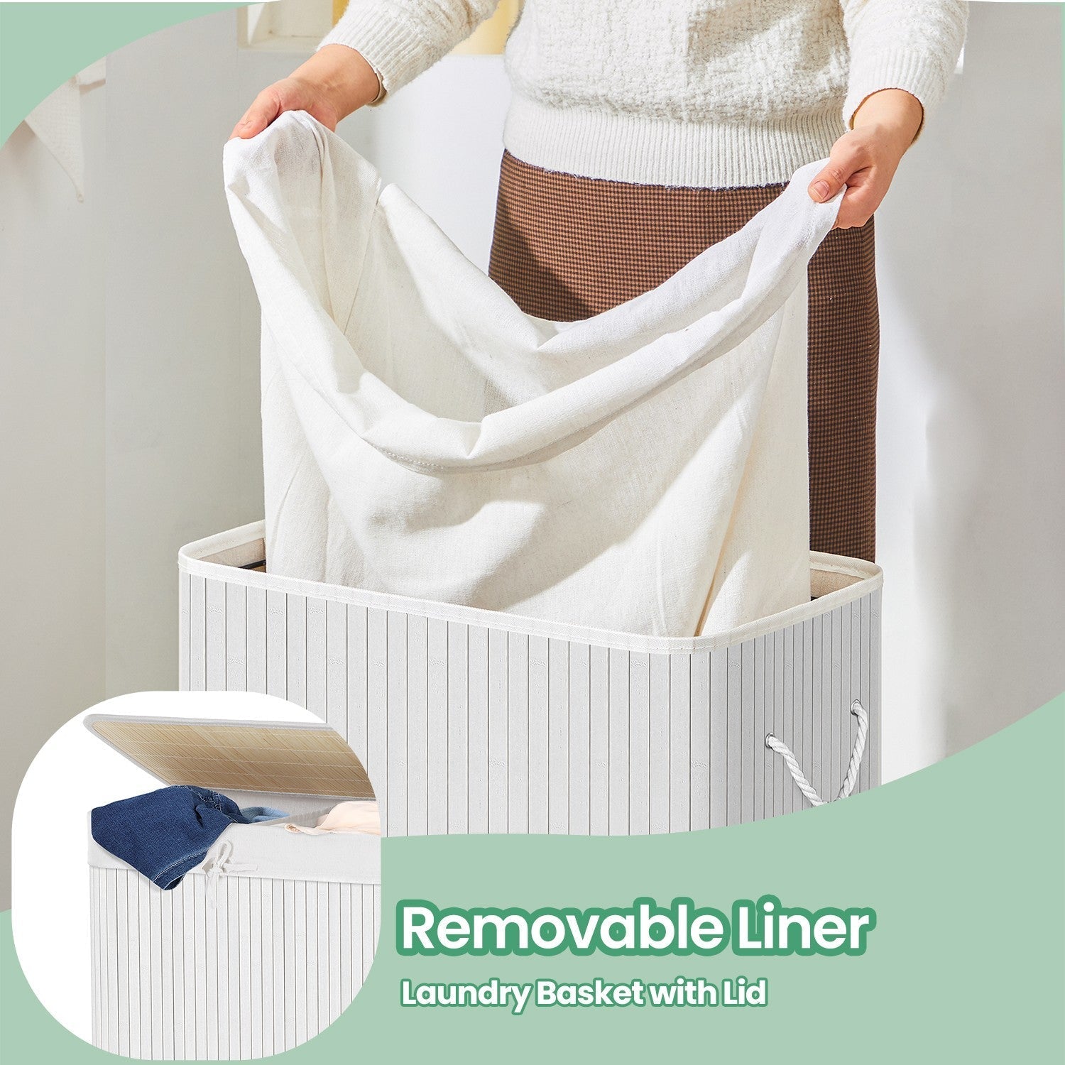 Laundry Basket - Bamboo - Natural - XXL with 2 Sorting Compartments and Removable Washable Lining
