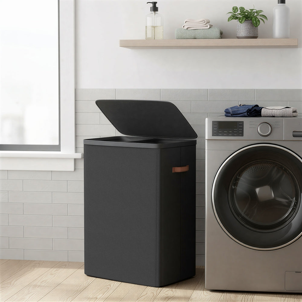 Dual-Compartment Laundry Basket - 170L - Polyester - Lid with Handles