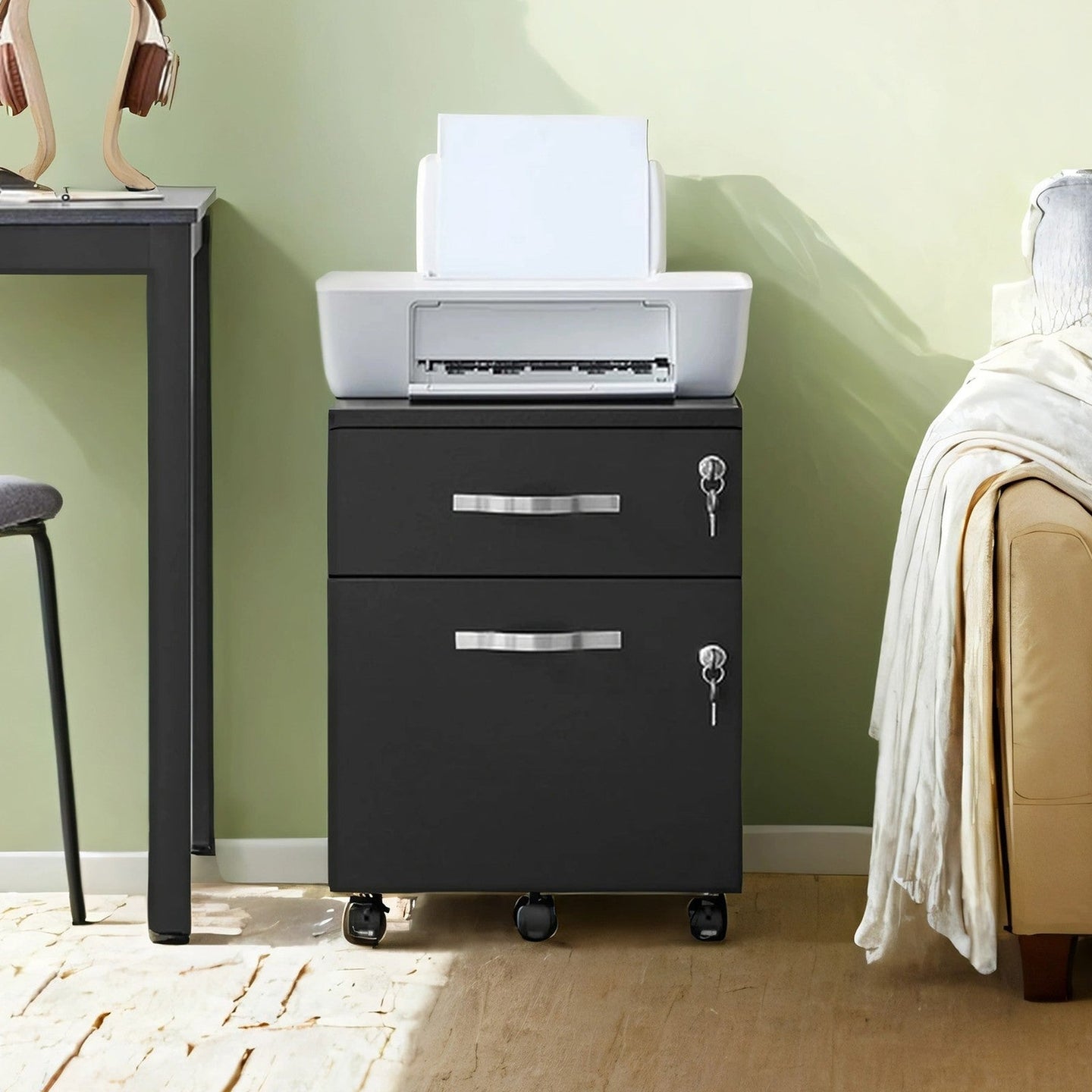 Lockable File Cabinet - Metal - Black - 2 Drawers with Wheels and Adjustable Hanging Rails