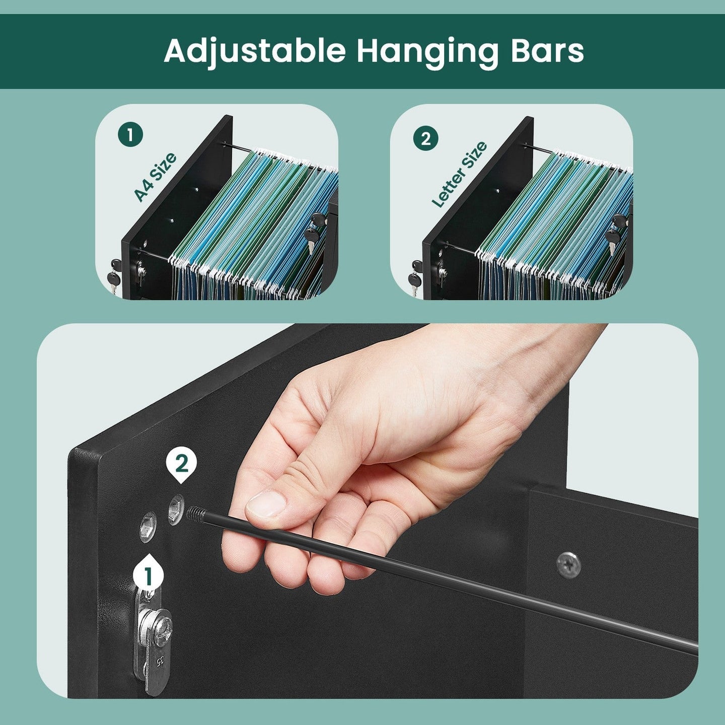 Lockable File Cabinet - Metal - Black - 2 Drawers with Wheels and Adjustable Hanging Rails