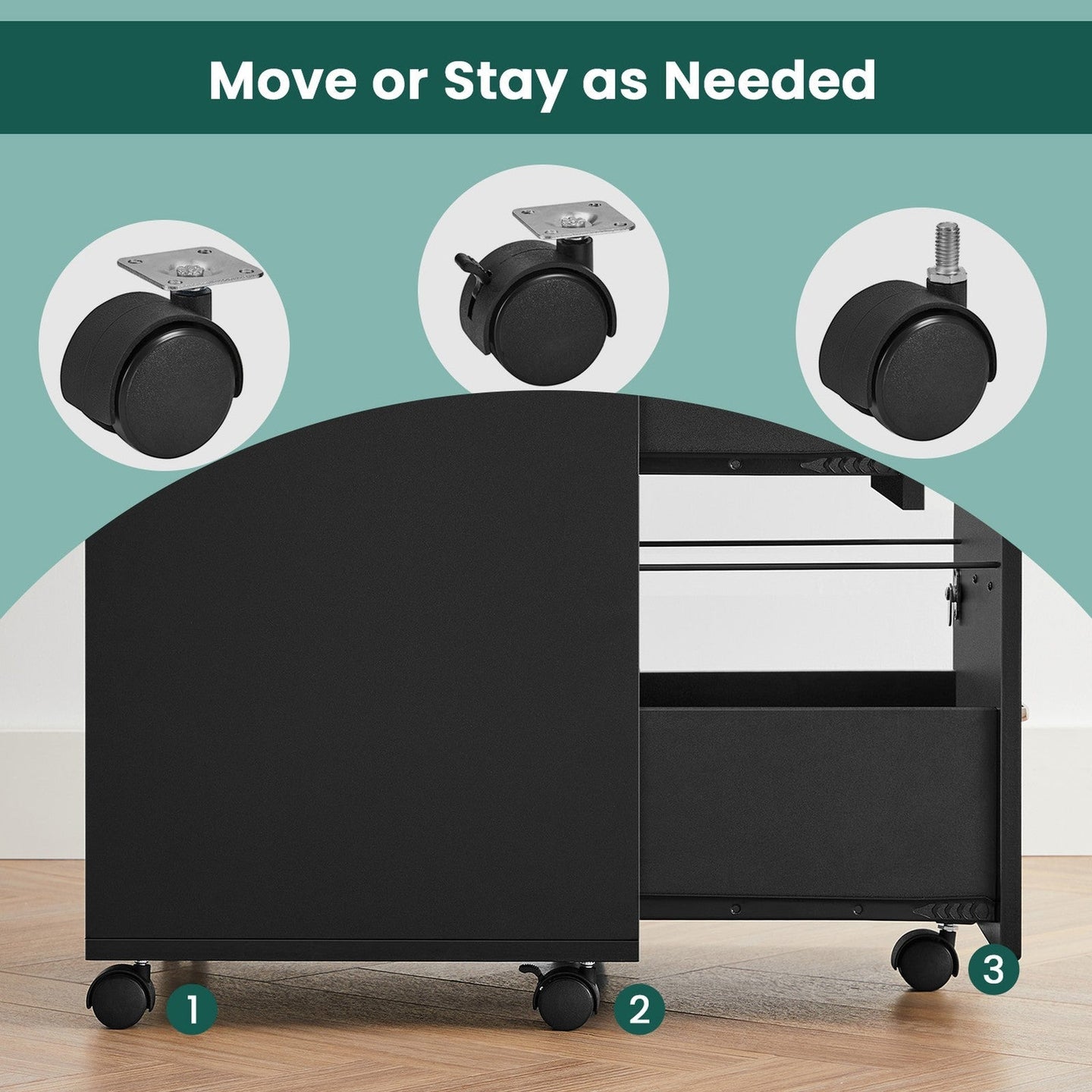 Lockable File Cabinet - Metal - Black - 2 Drawers with Wheels and Adjustable Hanging Rails