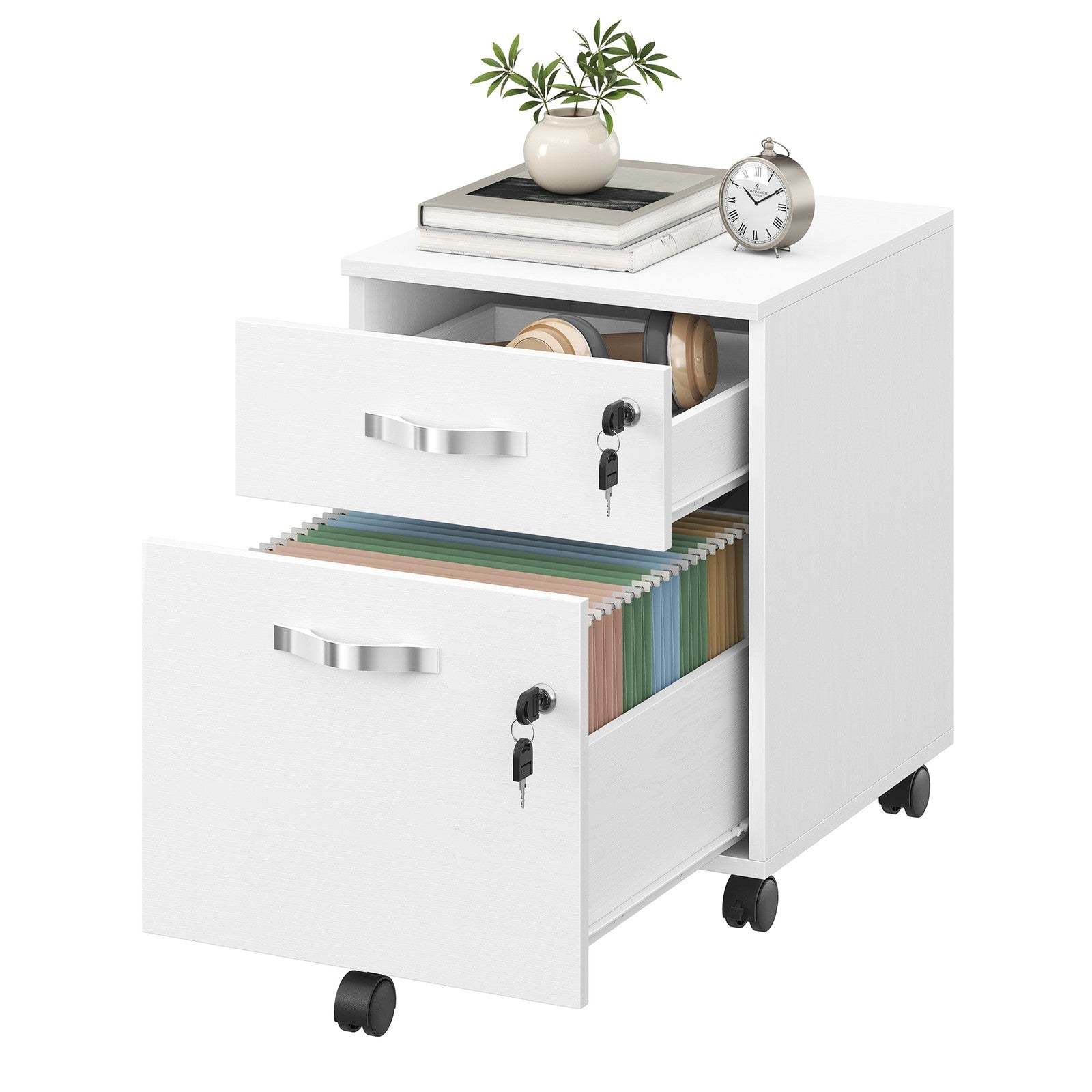 Mobile Locking Filing Cabinet - MDF and PVC - White - with 2 Drawers