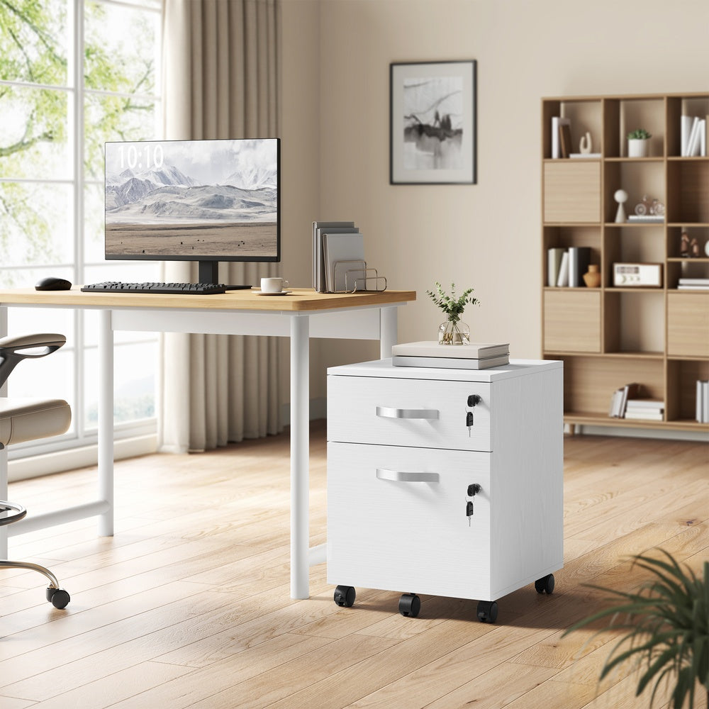 Mobile Locking Filing Cabinet - MDF and PVC - White - with 2 Drawers