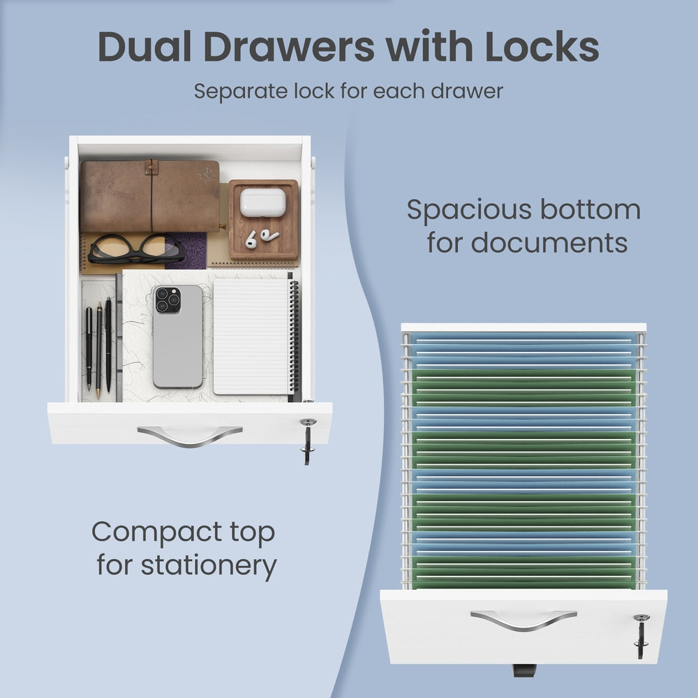 Mobile Locking Filing Cabinet - MDF and PVC - White - with 2 Drawers