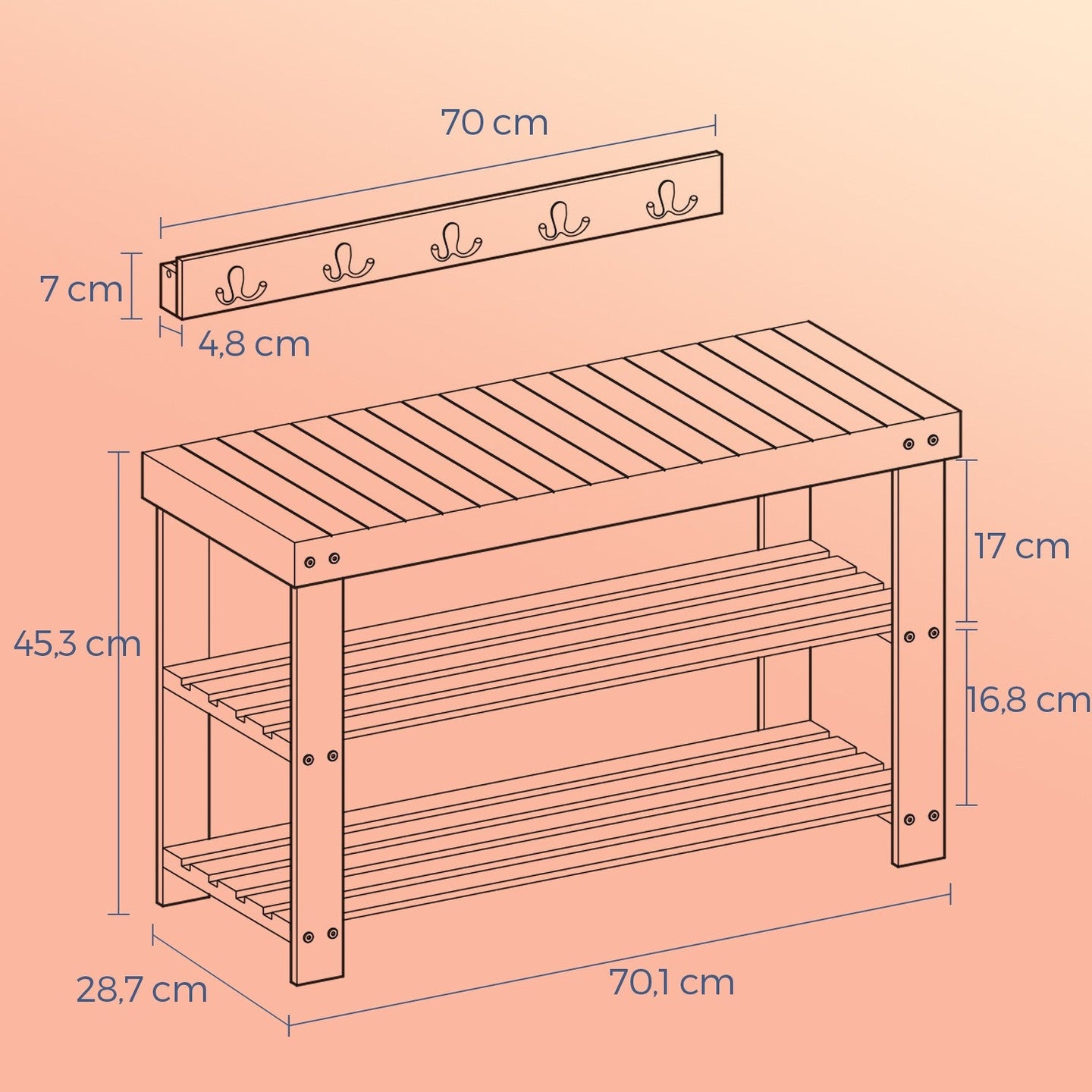 Multifunctional Hall Tree - 28.7L - Bamboo - 5 Double Hooks