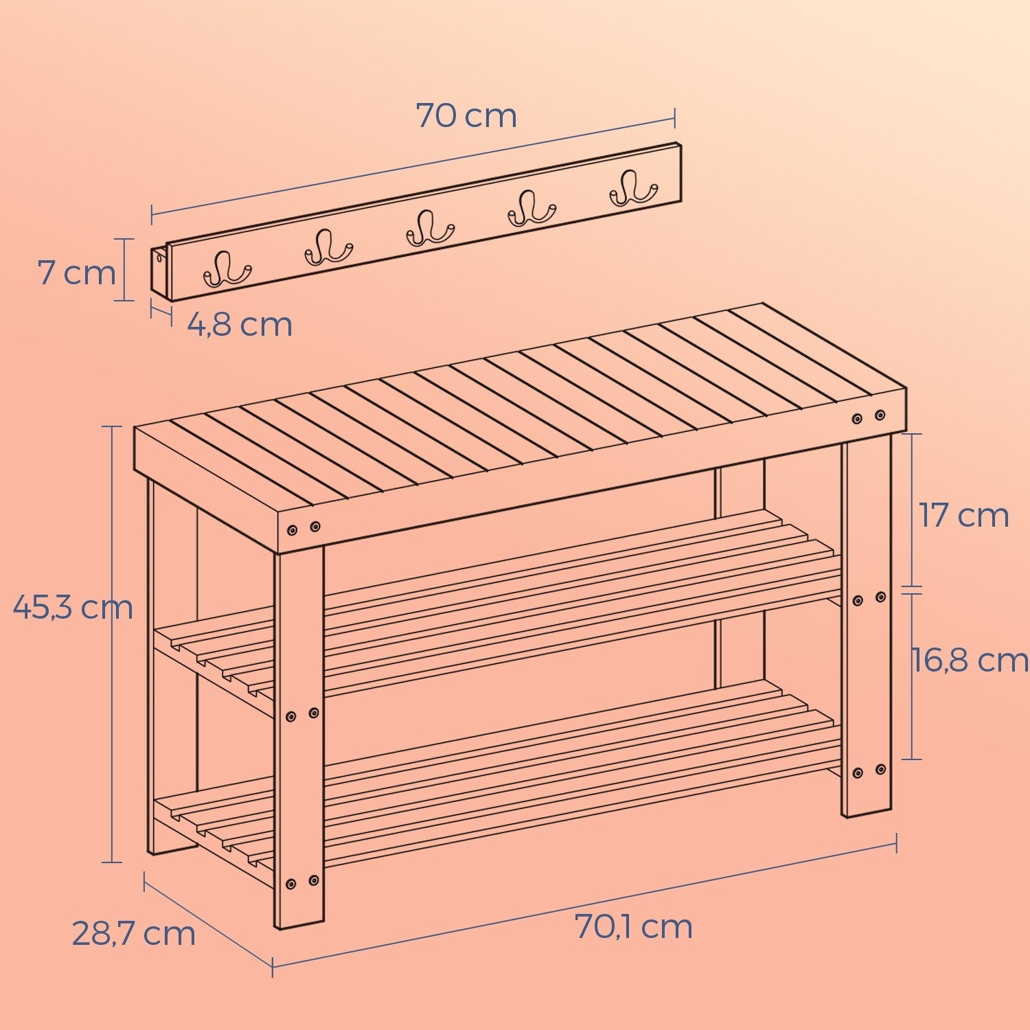 Multifunctional Hall Tree - 28.7L - Bamboo - 5 Double Hooks