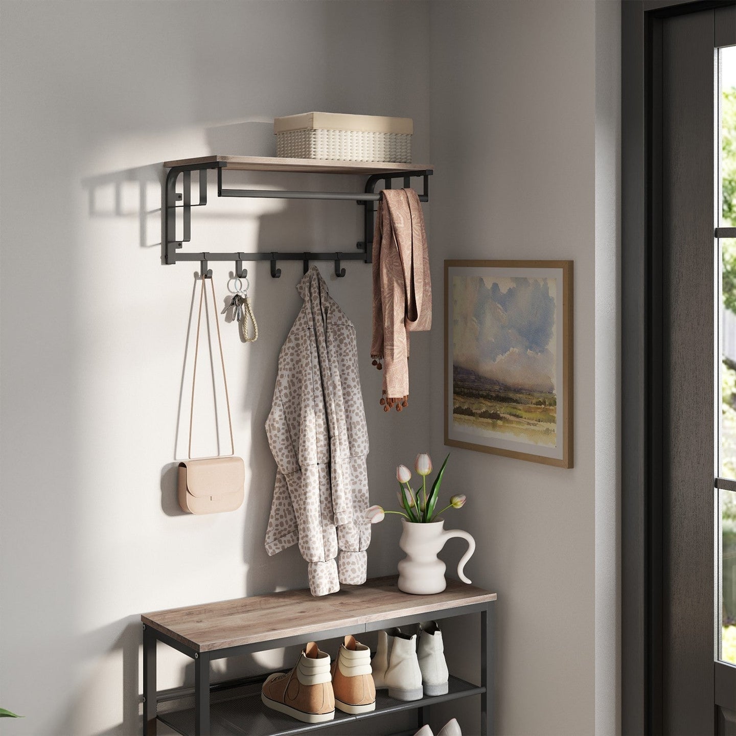 Wall-Mounted Coat Rack - Metal - Industrial Gray - With 5 Removable Hooks and Floating Shelf