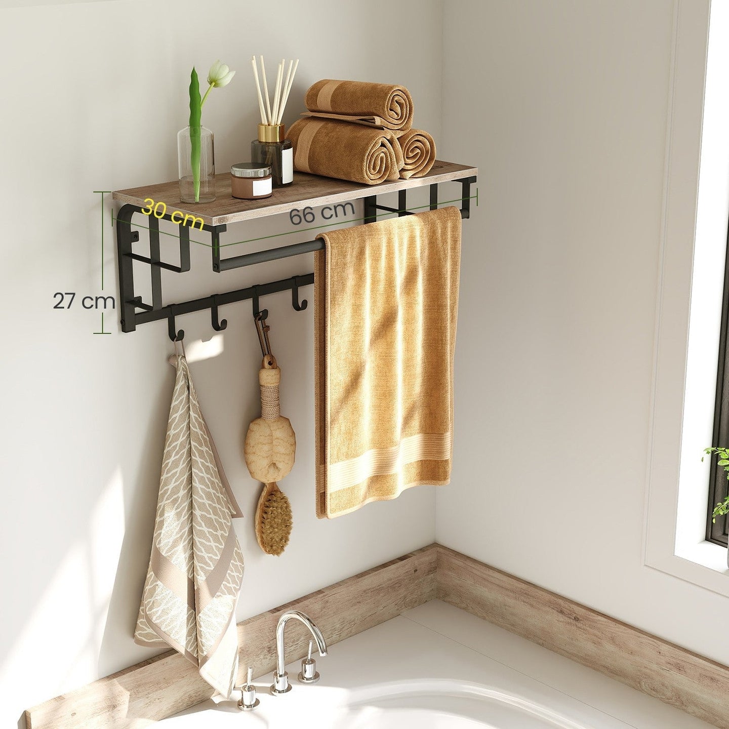 Wall-Mounted Coat Rack - Metal - Industrial Gray - With 5 Removable Hooks and Floating Shelf