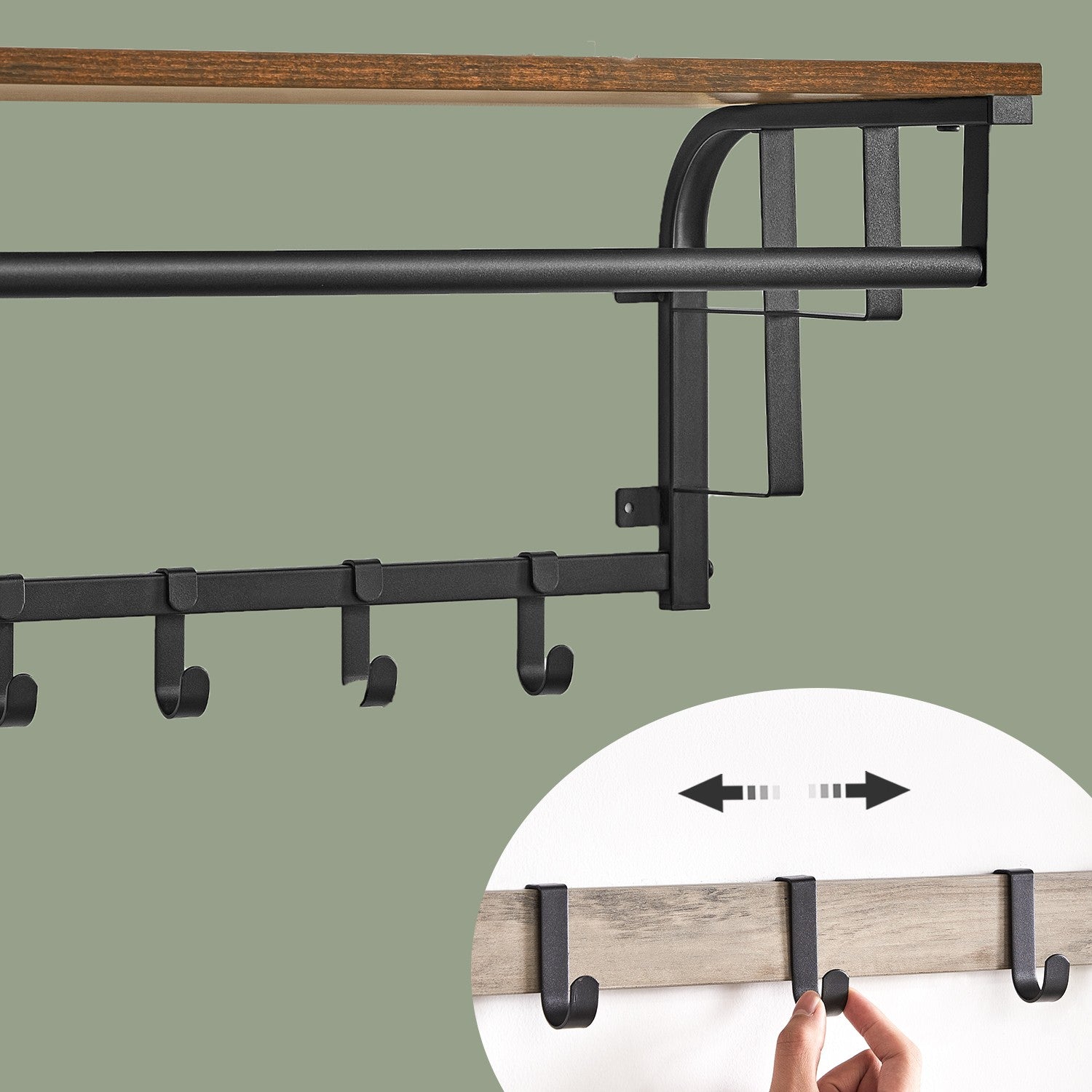 Wall-Mounted Coat Rack - Metal - Industrial Gray - With 5 Removable Hooks and Floating Shelf