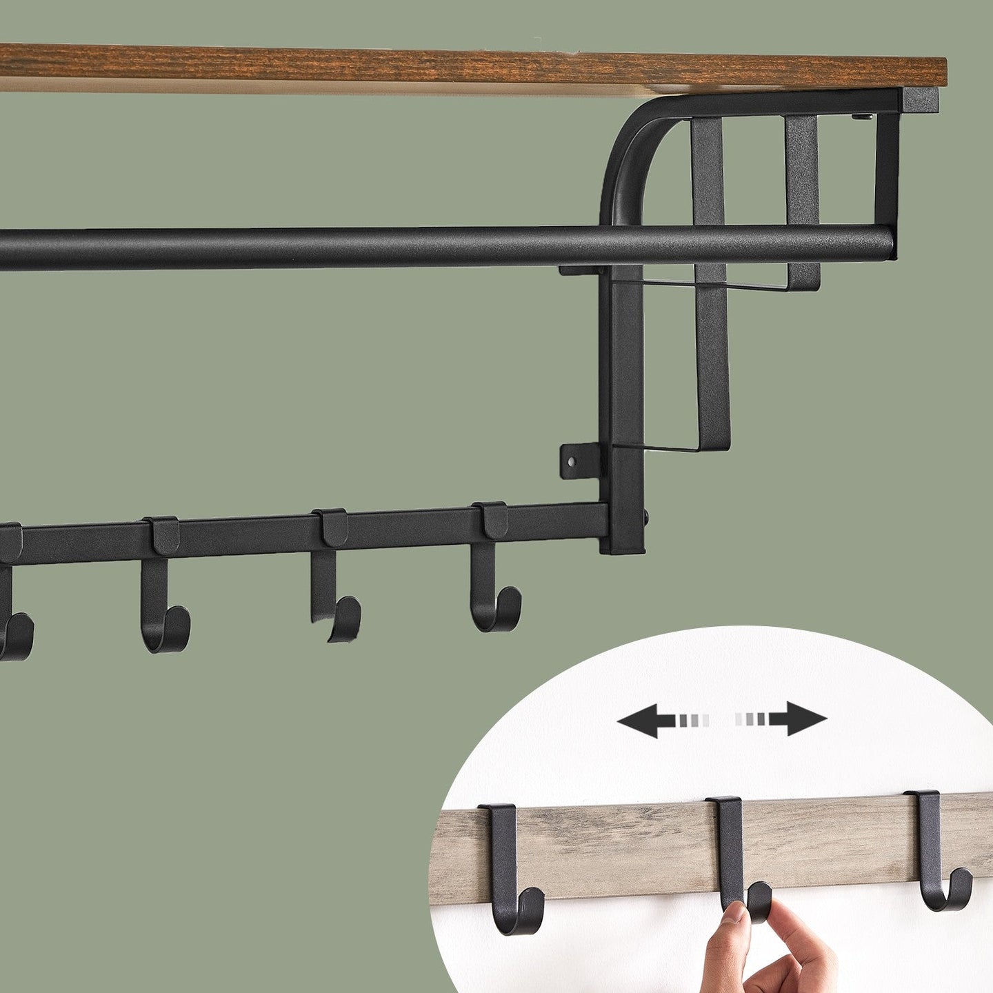 Wall-Mounted Coat Rack - Metal - Industrial Gray - With 5 Removable Hooks and Floating Shelf
