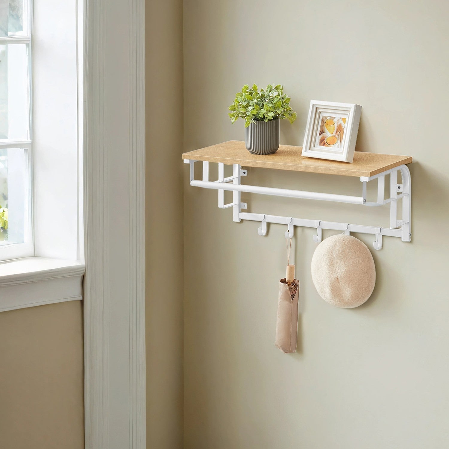 Wall-Mounted Coat Rack - Metal - Industrial Gray - With 5 Removable Hooks and Floating Shelf