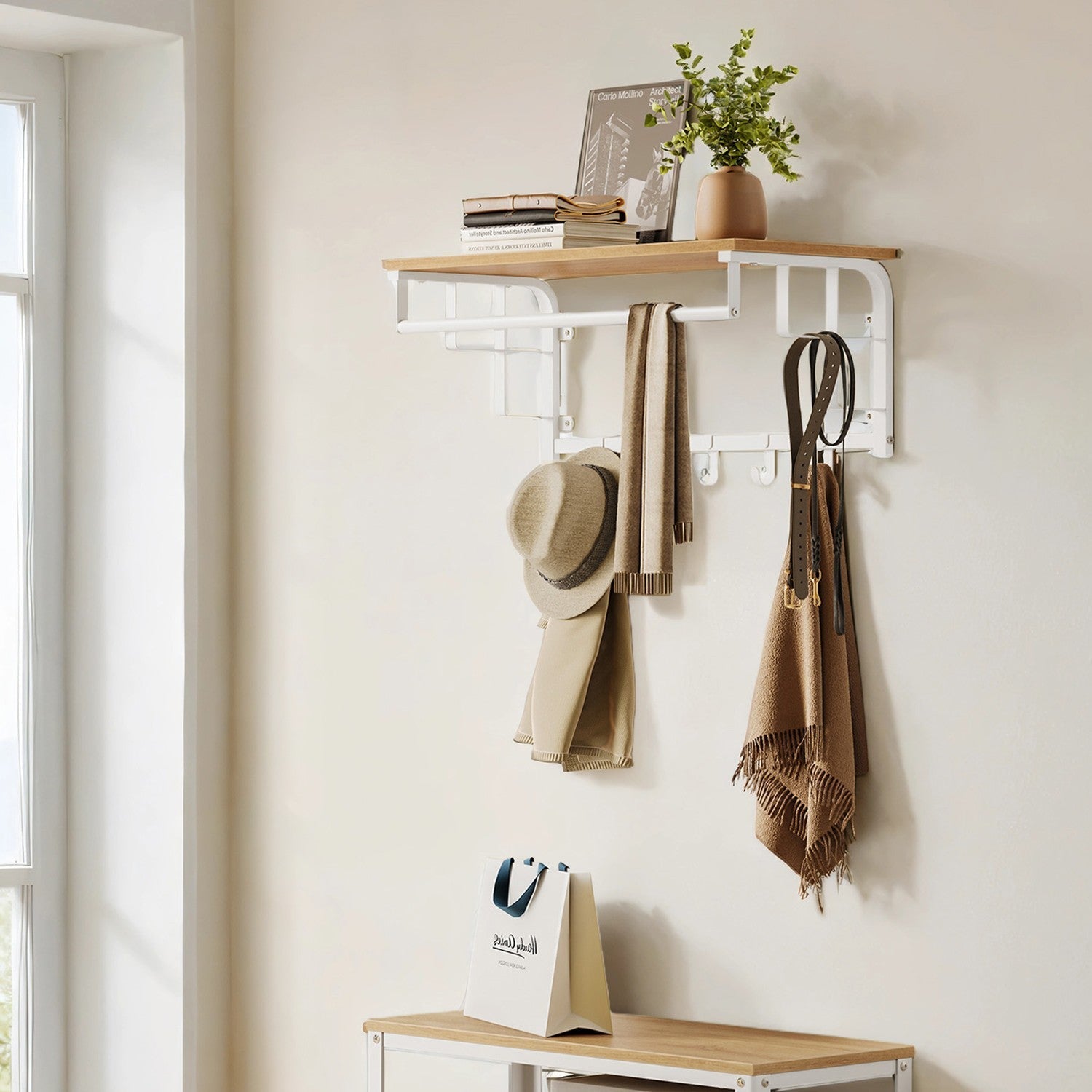 Wall-Mounted Coat Rack - Metal - Industrial Gray - With 5 Removable Hooks and Floating Shelf