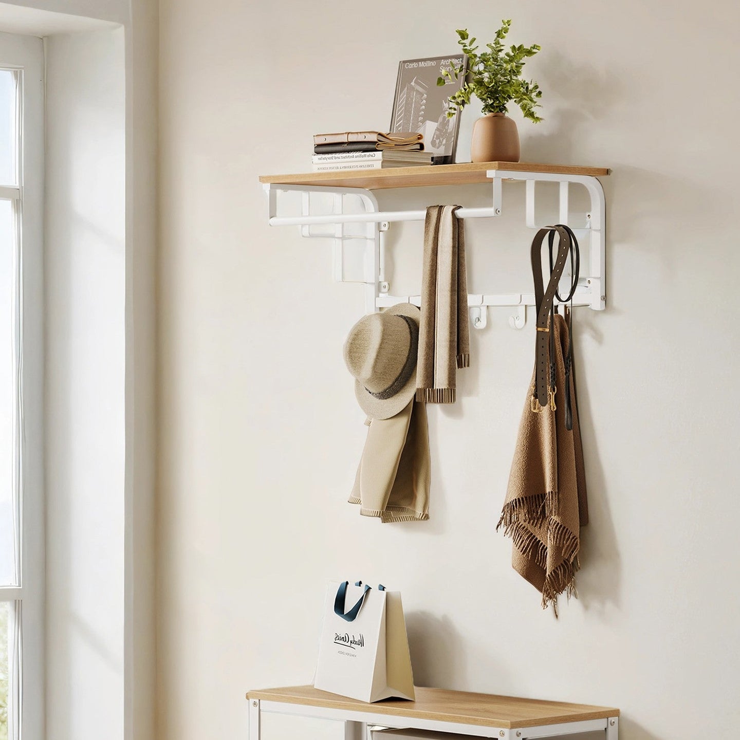 Wall-Mounted Coat Rack - Metal - Industrial Gray - With 5 Removable Hooks and Floating Shelf