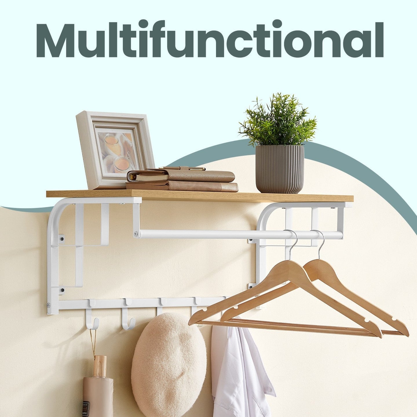 Wall-Mounted Coat Rack - Metal - Industrial Gray - With 5 Removable Hooks and Floating Shelf