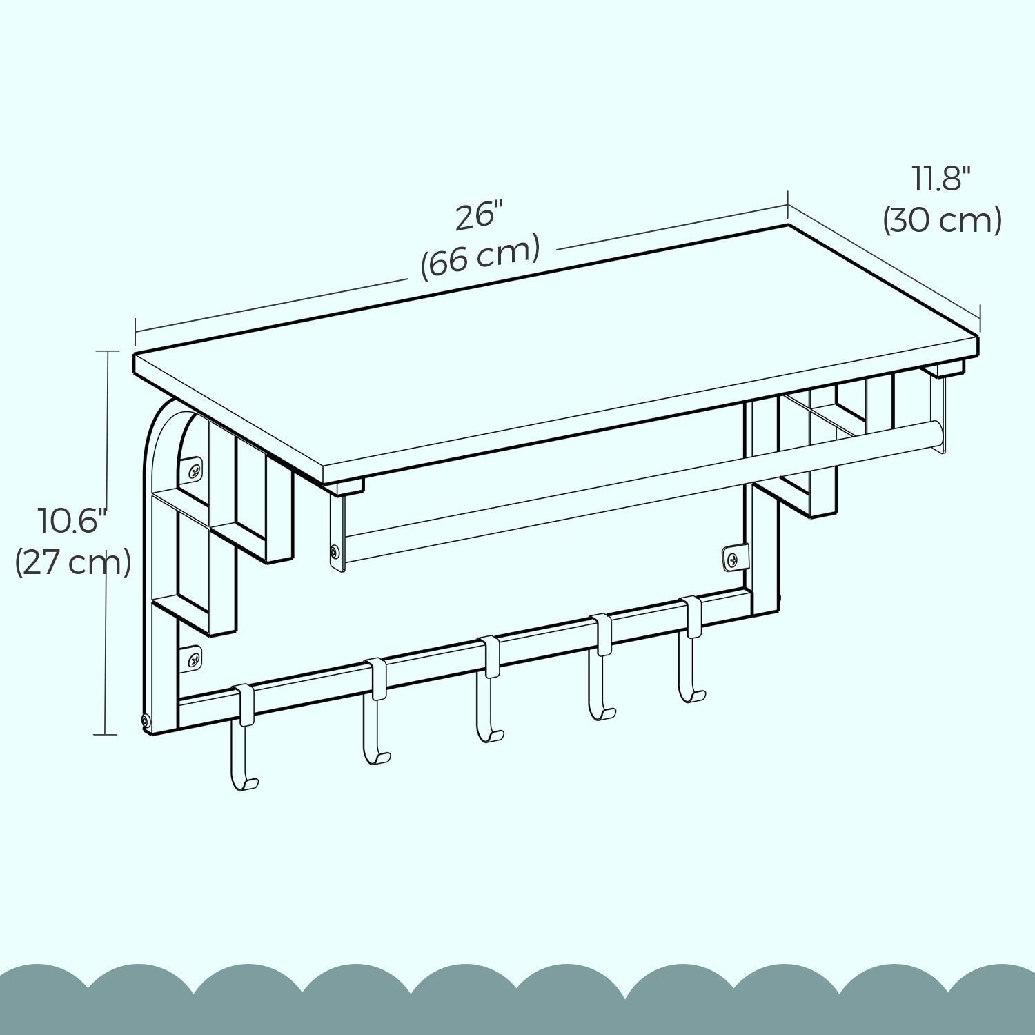 Wall-Mounted Coat Rack - Metal - Industrial Gray - With 5 Removable Hooks and Floating Shelf