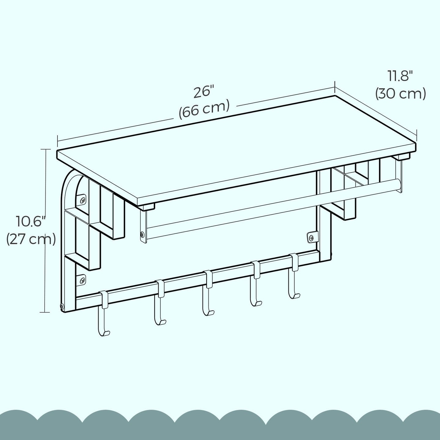 Wall-Mounted Coat Rack - Metal - Industrial Gray - With 5 Removable Hooks and Floating Shelf