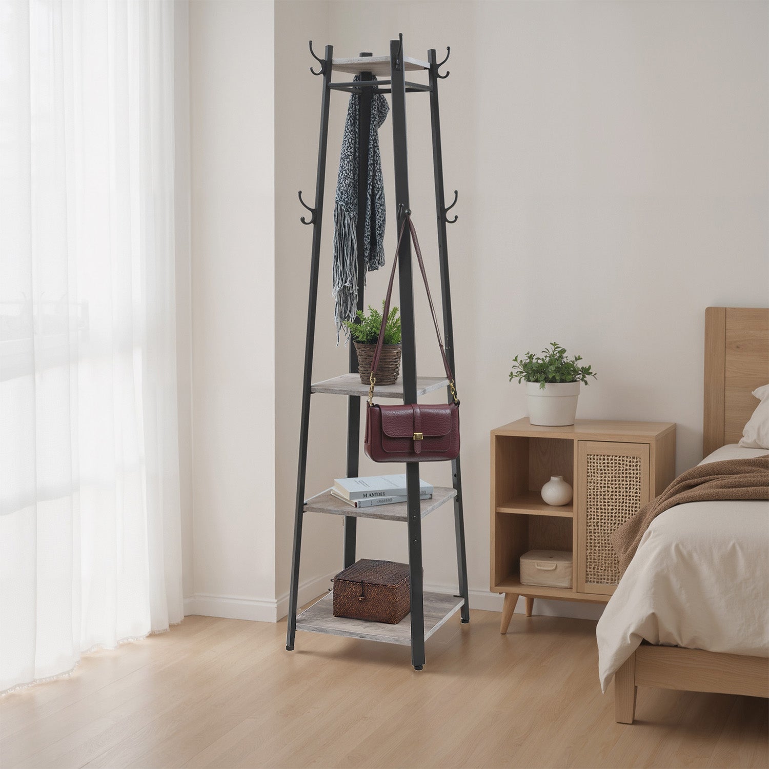 Coat Rack - Steel - Greige and Black - Free Standing Hall Tree with 3 Shelves and Hooks