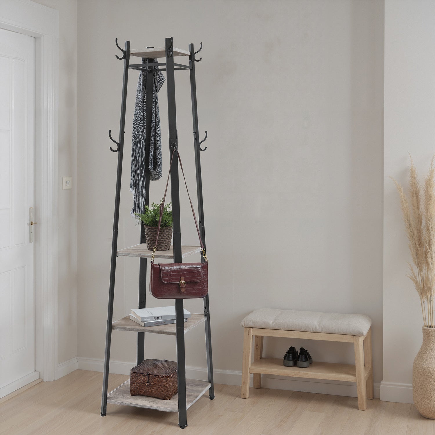 Coat Rack - Steel - Greige and Black - Free Standing Hall Tree with 3 Shelves and Hooks