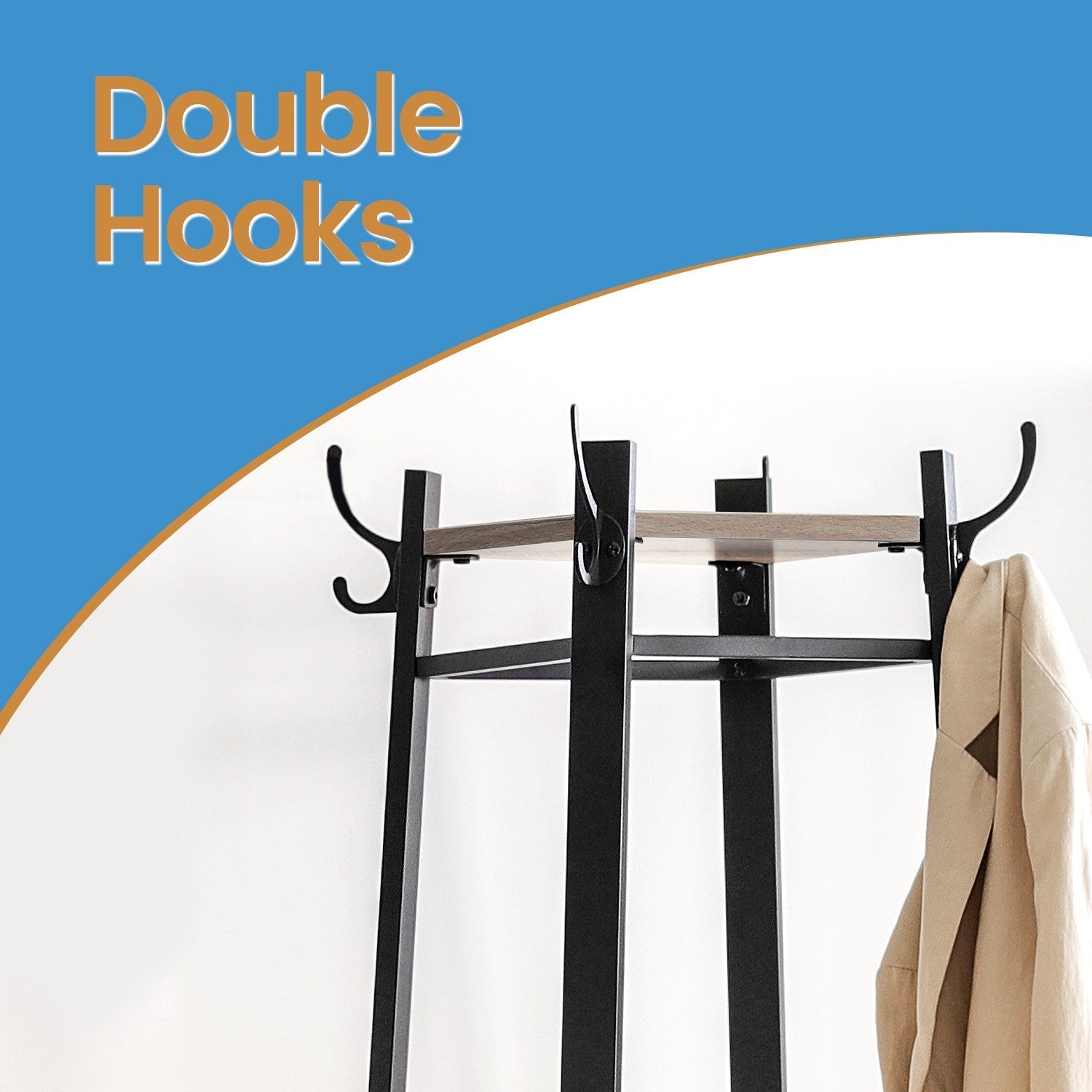 Coat Rack - Steel - Greige and Black - Free Standing Hall Tree with 3 Shelves and Hooks