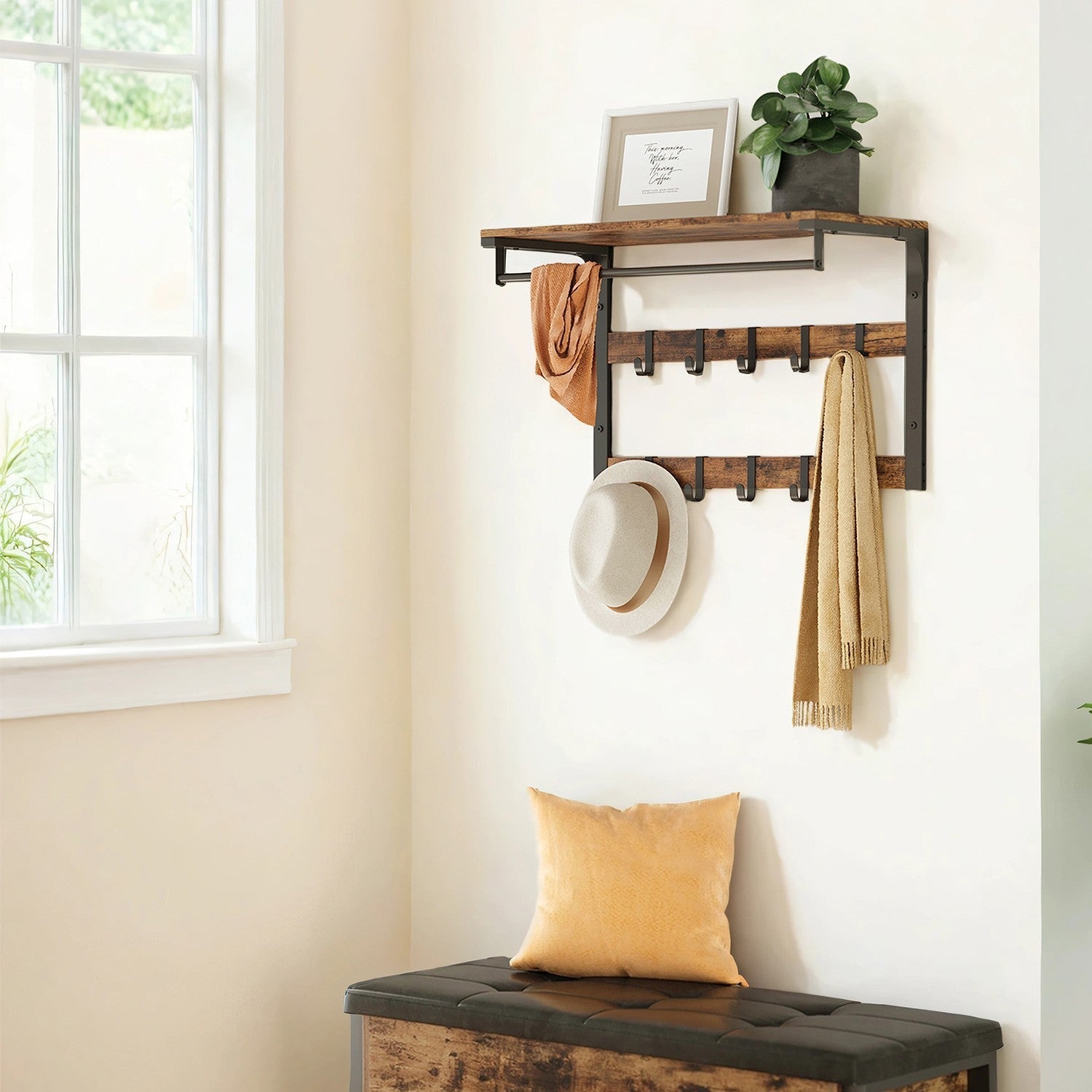 Wall-Mounted Coat Rack - Wood - Oak and White - 10 Removable Hooks with Shelf