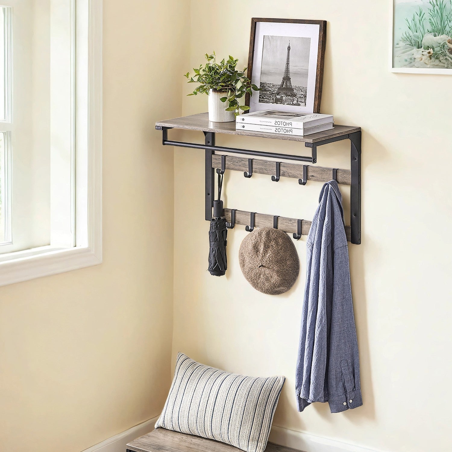 Wall-Mounted Coat Rack - Wood - Oak and White - 10 Removable Hooks with Shelf
