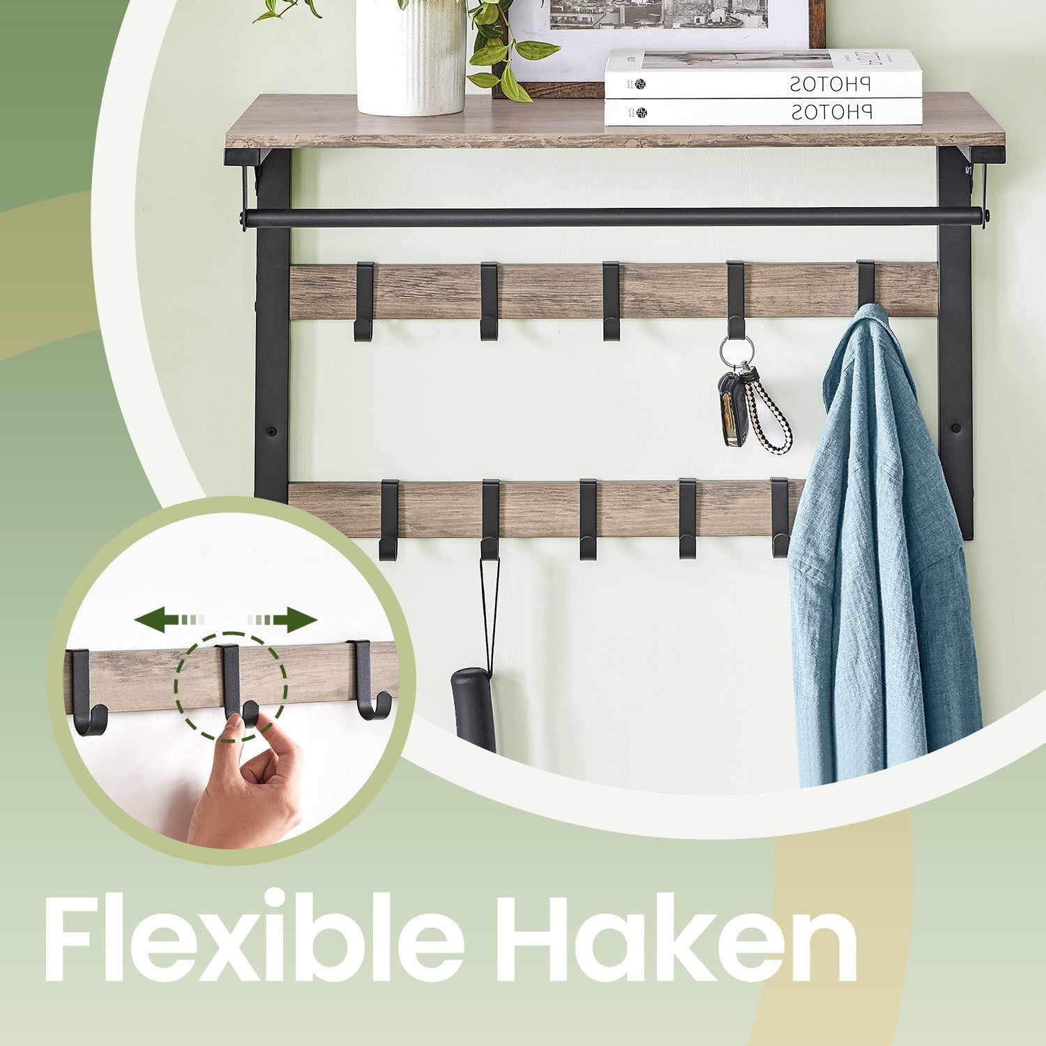 Wall-Mounted Coat Rack - Wood - Oak and White - 10 Removable Hooks with Shelf
