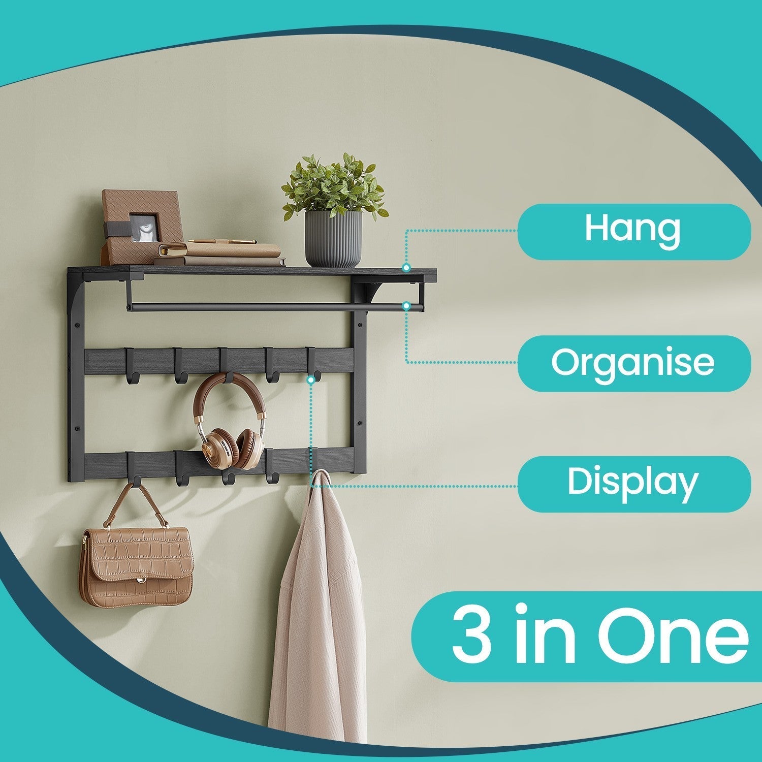 Wall-Mounted Coat Rack - Wood - Oak and White - 10 Removable Hooks with Shelf