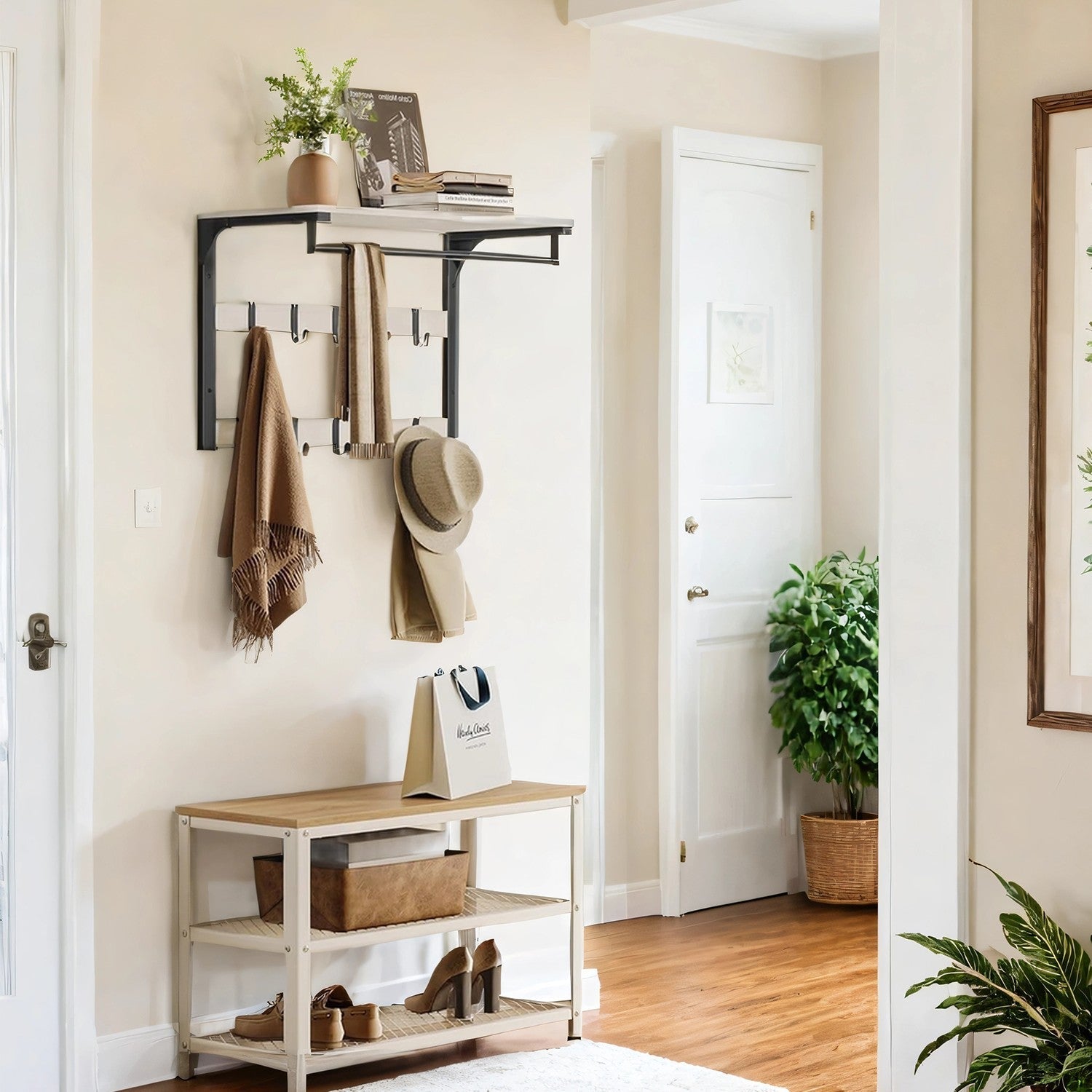 Wall-Mounted Coat Rack - Oak and White - 10 Removable Hooks and Shelf