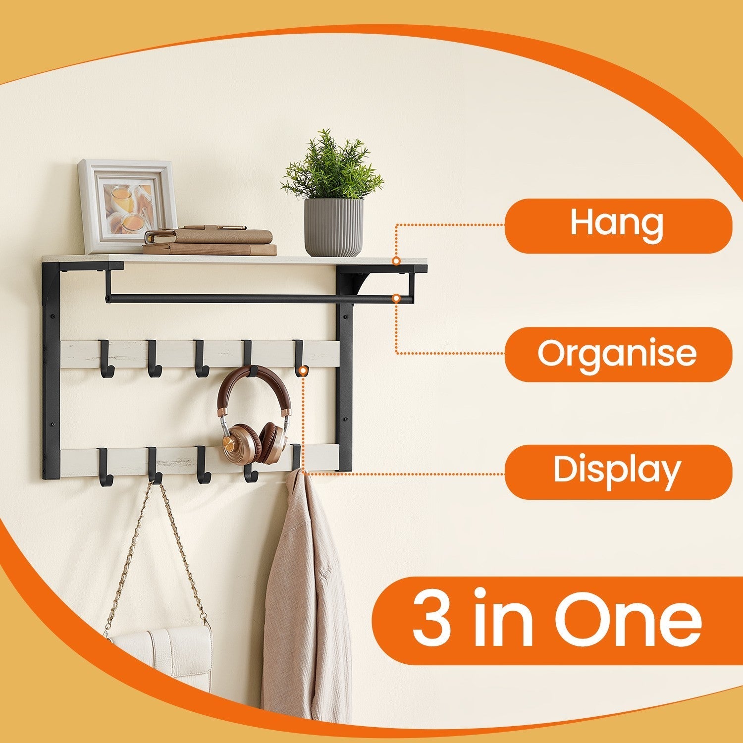 Wall-Mounted Coat Rack - Oak and White - 10 Removable Hooks and Shelf