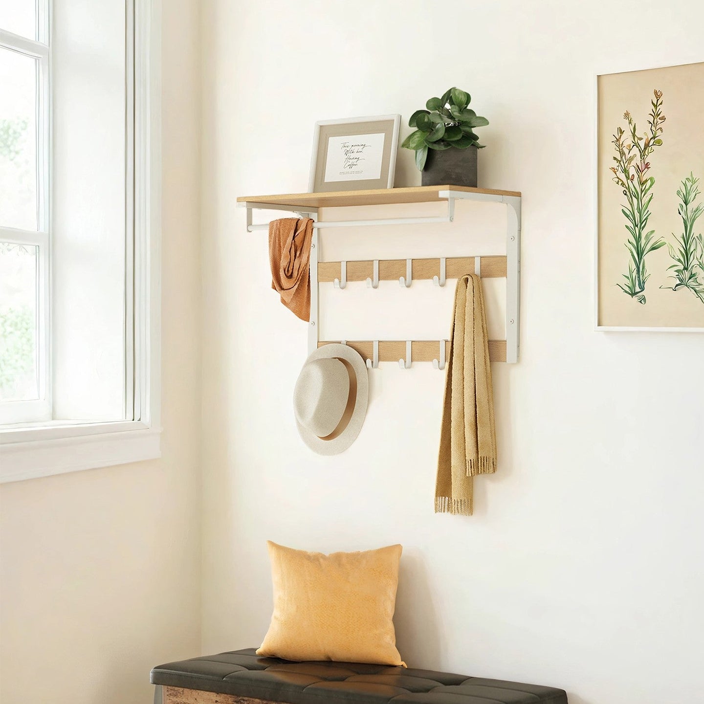 Wall-Mounted Coat Rack - Wood - Oak and White - 10 Removable Hooks with Shelf