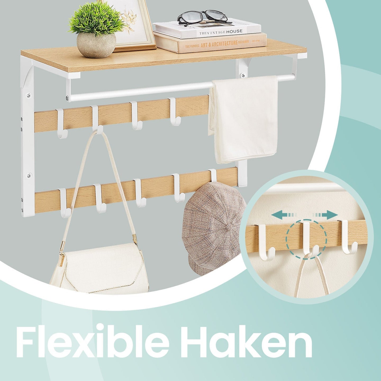 Wall-Mounted Coat Rack - Wood - Oak and White - 10 Removable Hooks with Shelf