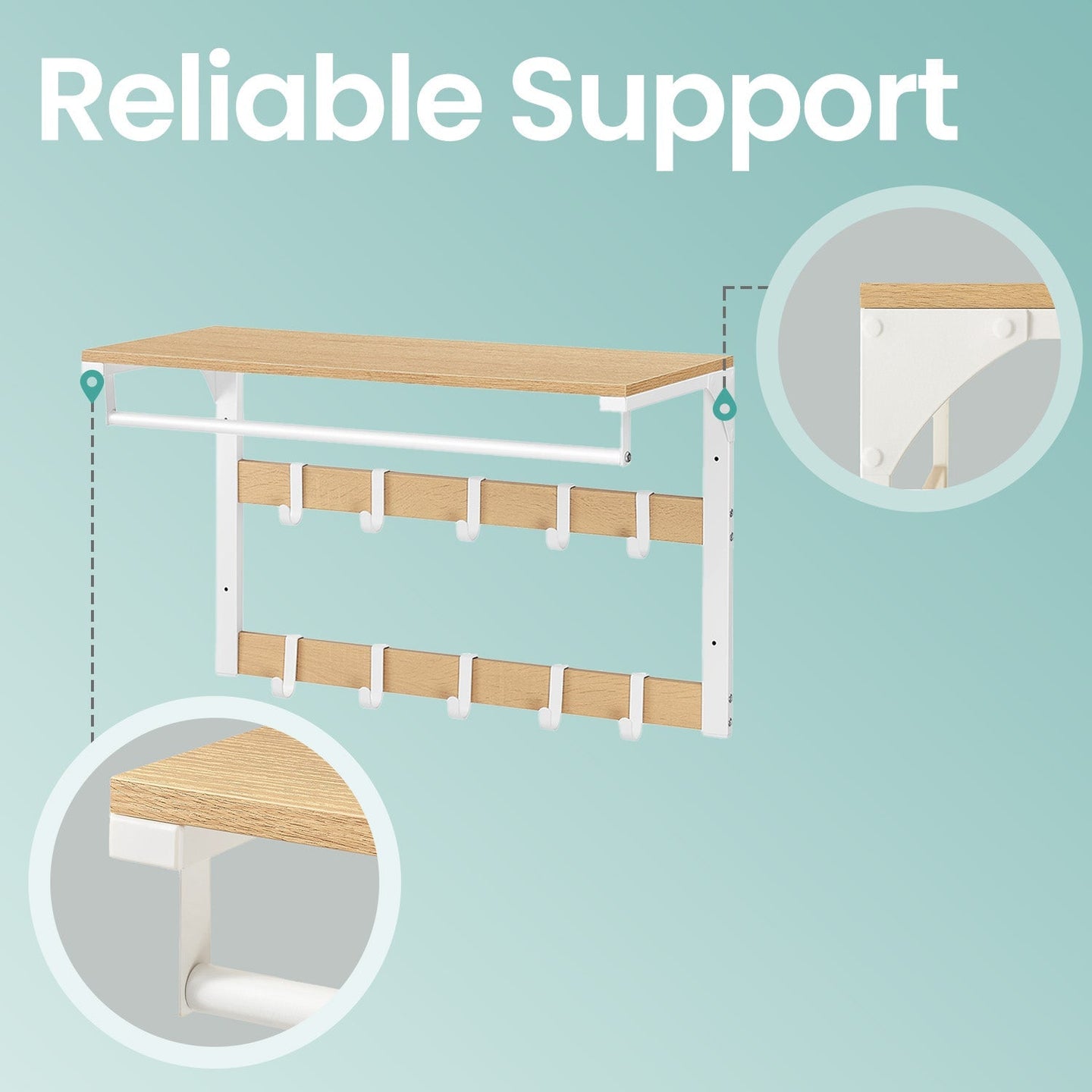 Wall-Mounted Coat Rack - Wood - Oak and White - 10 Removable Hooks with Shelf