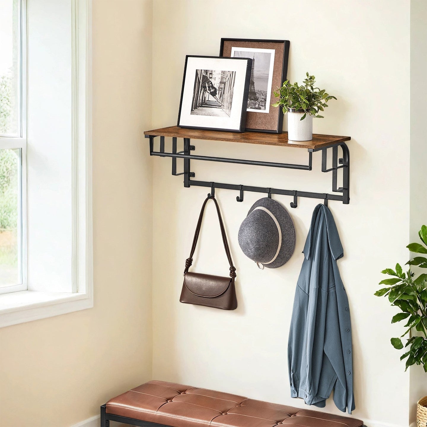 Wall-Mounted Coat Rack - Metal - Brown and Black - Includes 5 Removable Hooks and Floating Shelf