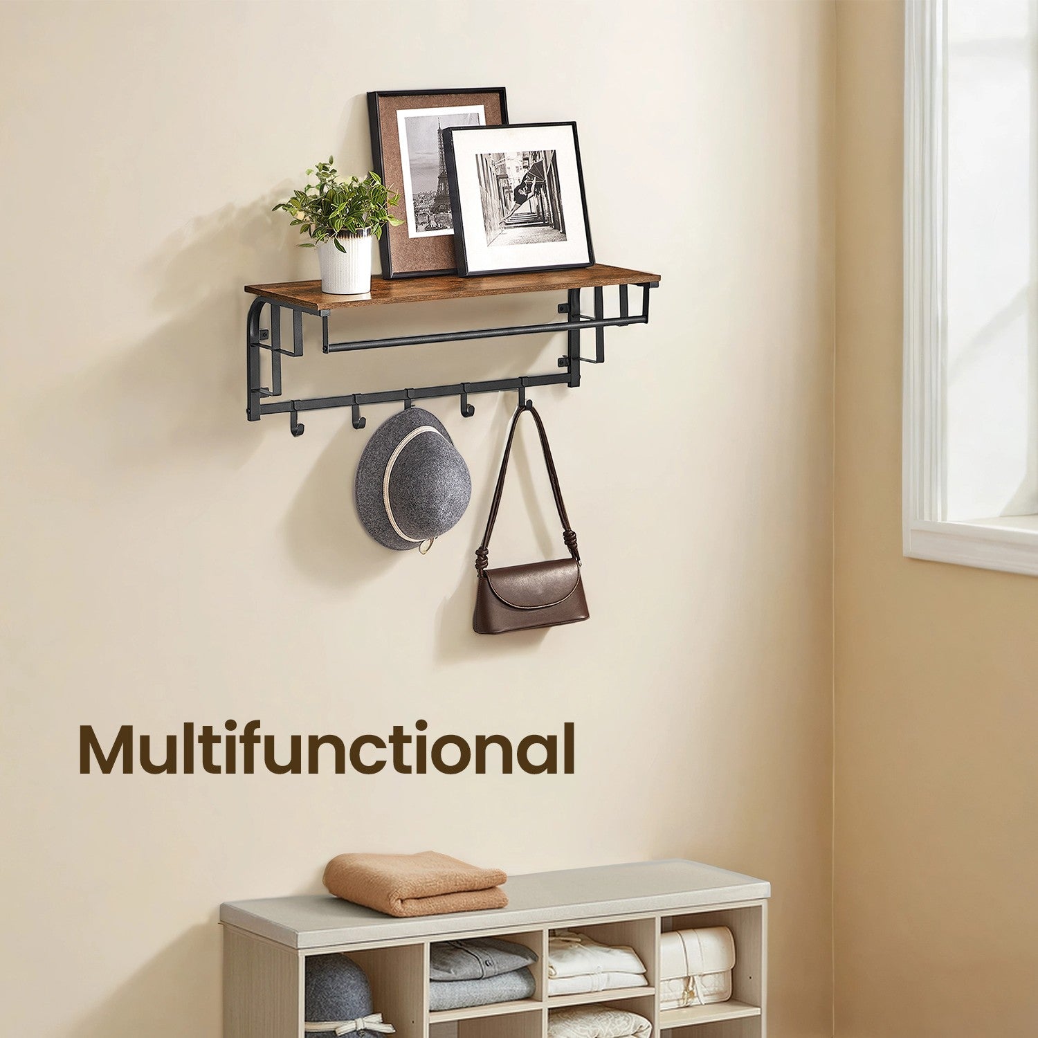 Wall-Mounted Coat Rack - Metal - Brown and Black - Includes 5 Removable Hooks and Floating Shelf