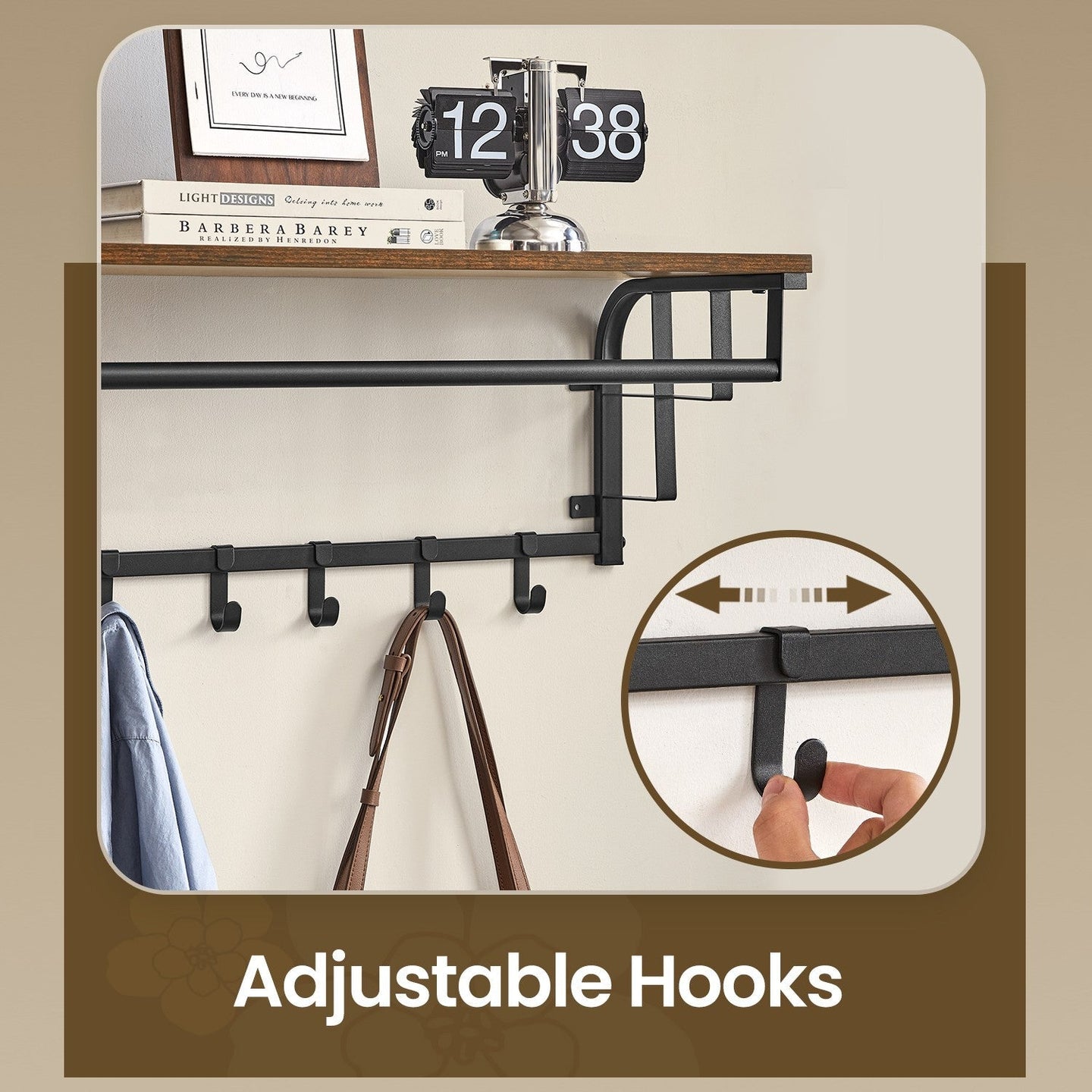 Wall-Mounted Coat Rack - Metal - Brown and Black - Includes 5 Removable Hooks and Floating Shelf