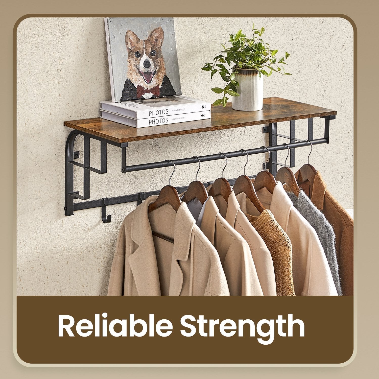 Wall-Mounted Coat Rack - Metal - Brown and Black - Includes 5 Removable Hooks and Floating Shelf