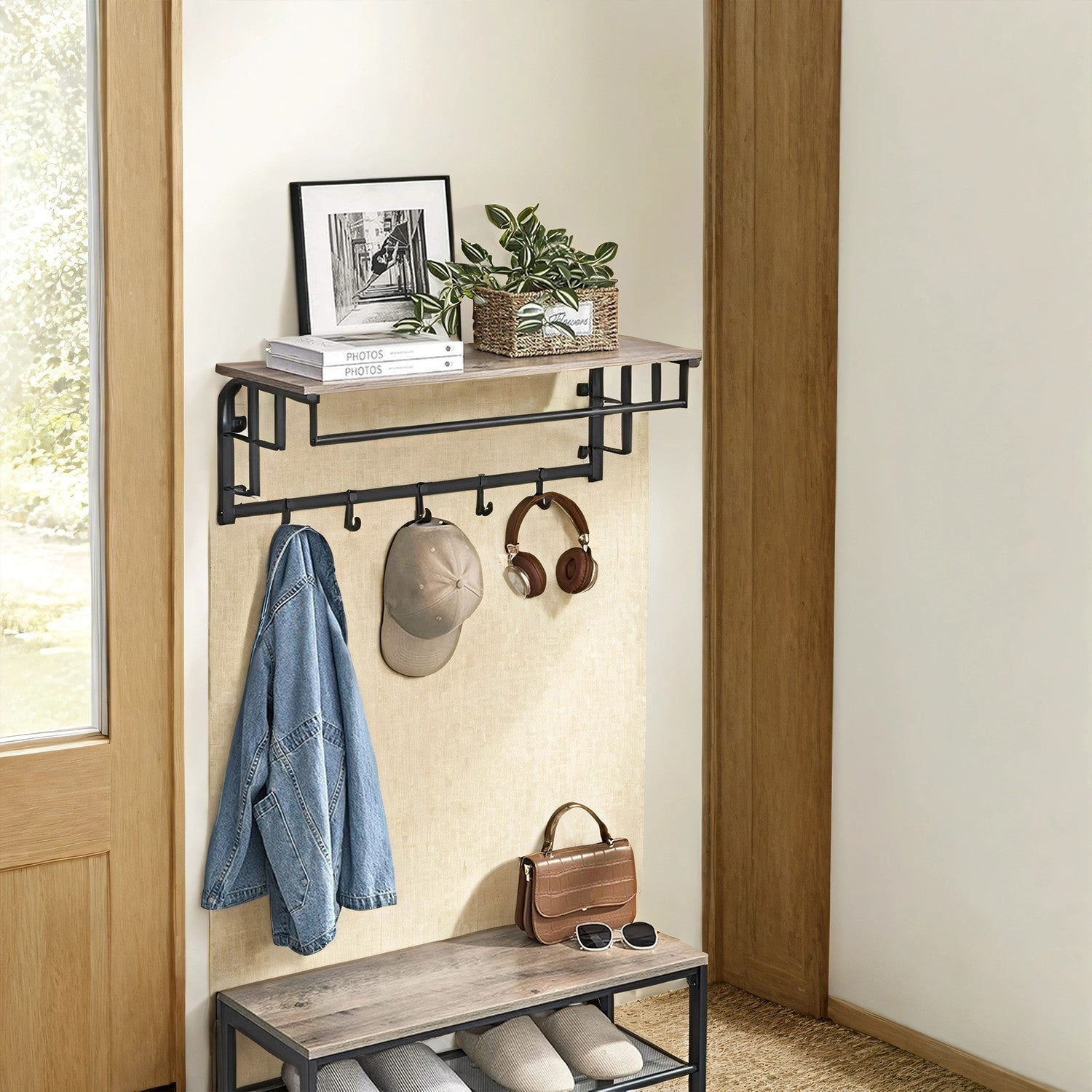Wall-Mounted Coat Rack - Wood - Oak - 5 Removable Hooks with Floating Shelf
