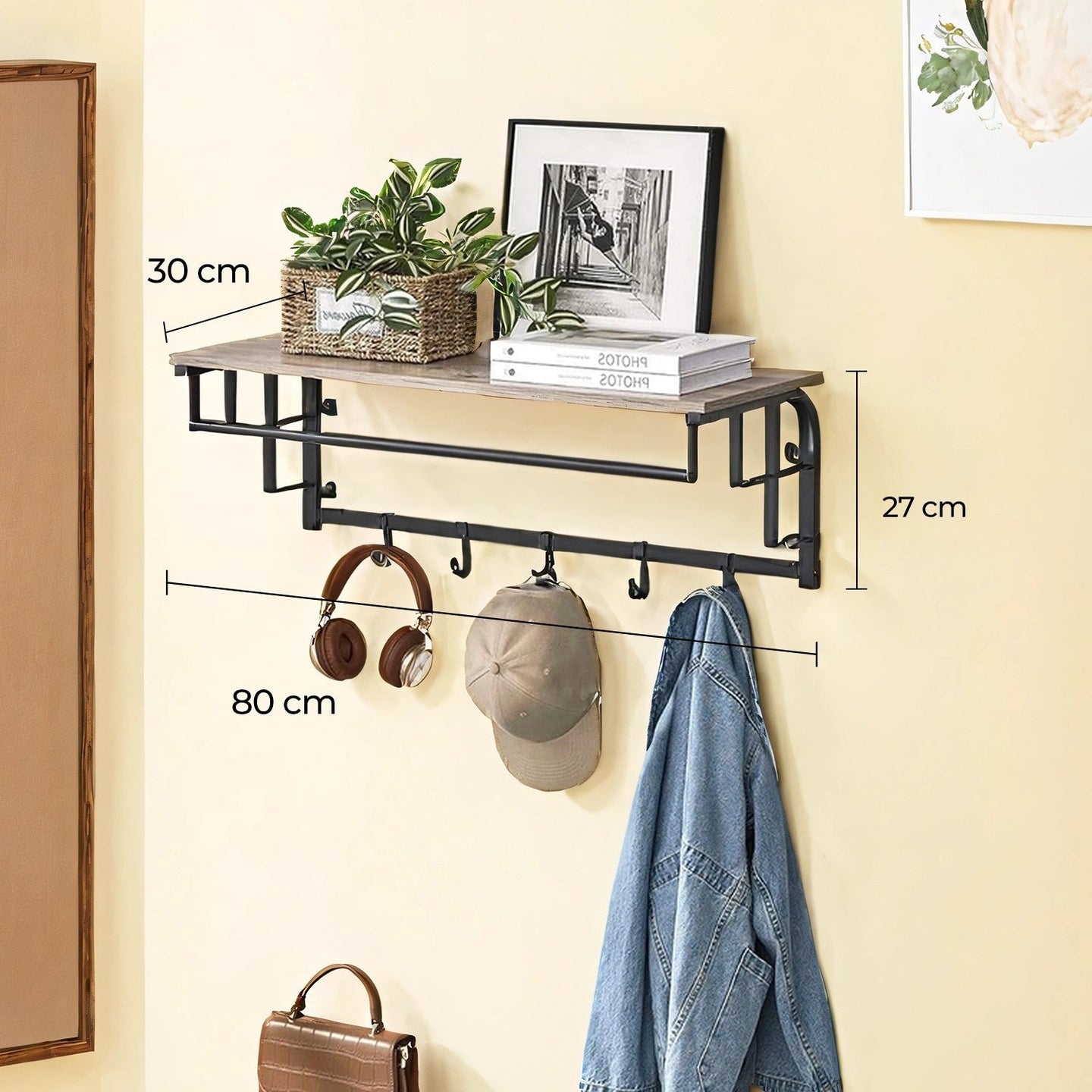 Wall-Mounted Coat Rack - Wood - Oak - 5 Removable Hooks with Floating Shelf