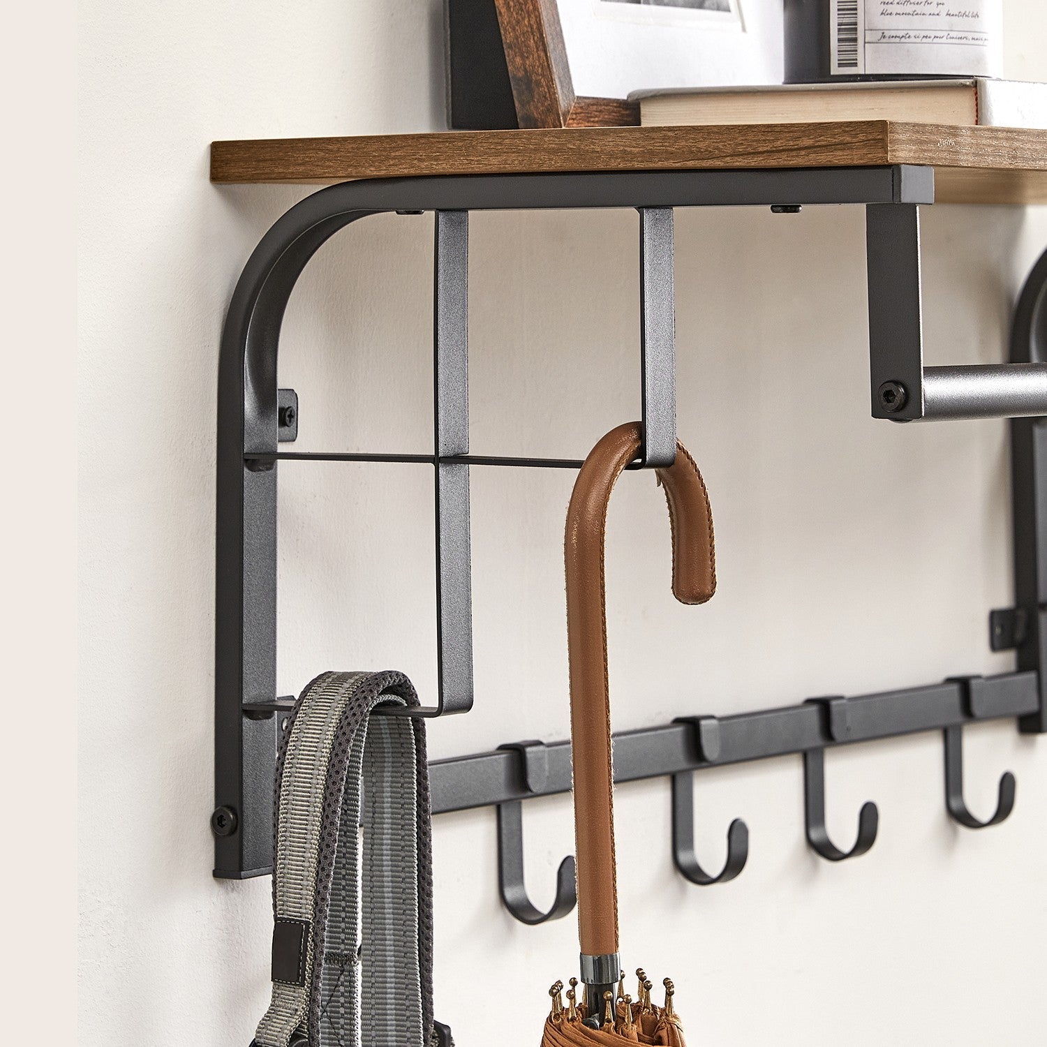 Wall-Mounted Coat Rack - Wood - Oak - 5 Removable Hooks with Floating Shelf
