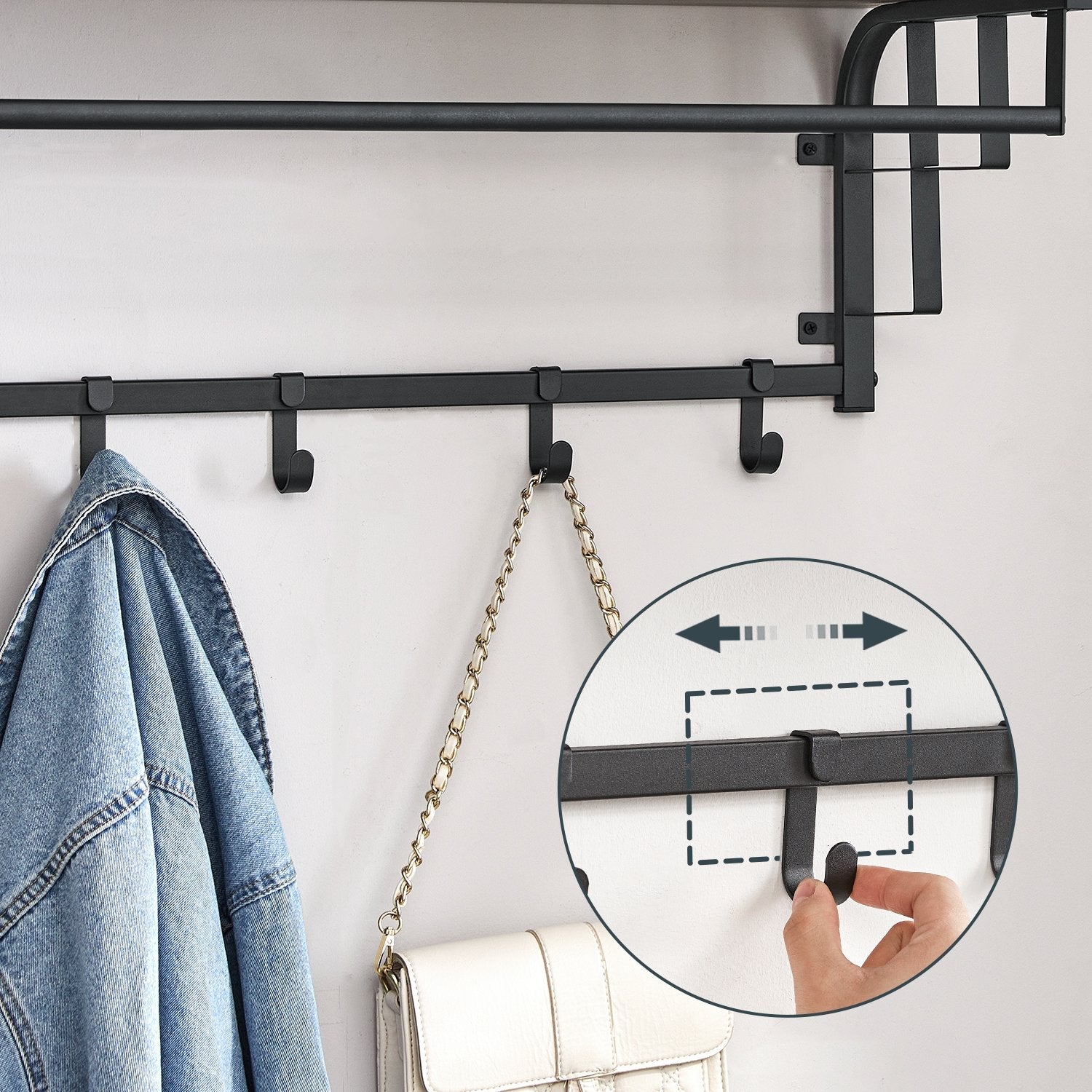 Wall-Mounted Coat Rack - Wood - Oak - 5 Removable Hooks with Floating Shelf