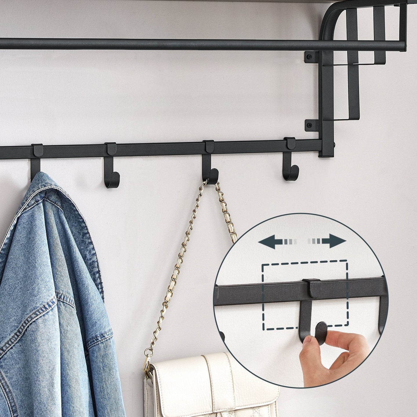 Wall-Mounted Coat Rack - Wood - Oak - 5 Removable Hooks with Floating Shelf