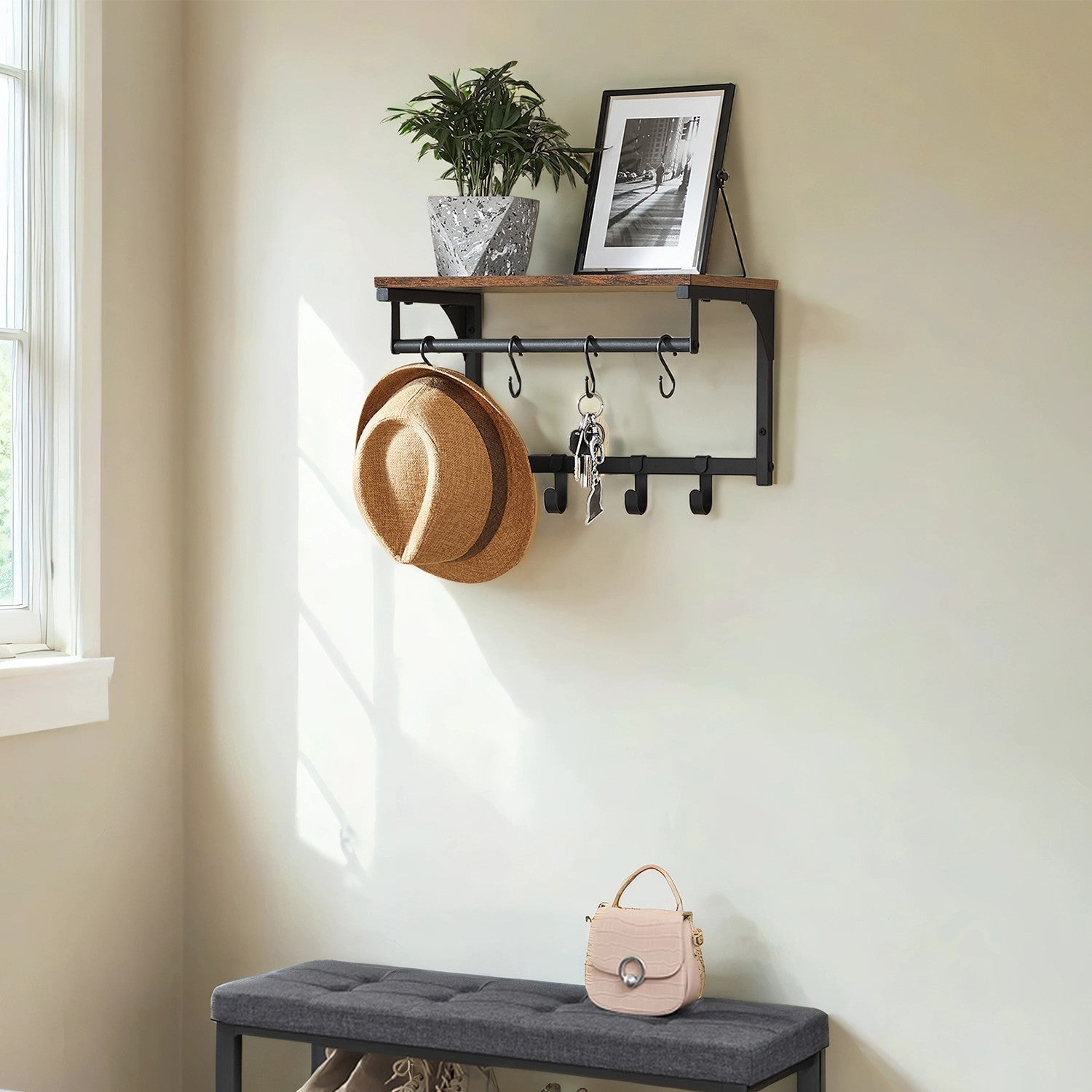 Wall Coat Rack - 8 Hooks with Shelf - Wood - Rustic Brown and Black