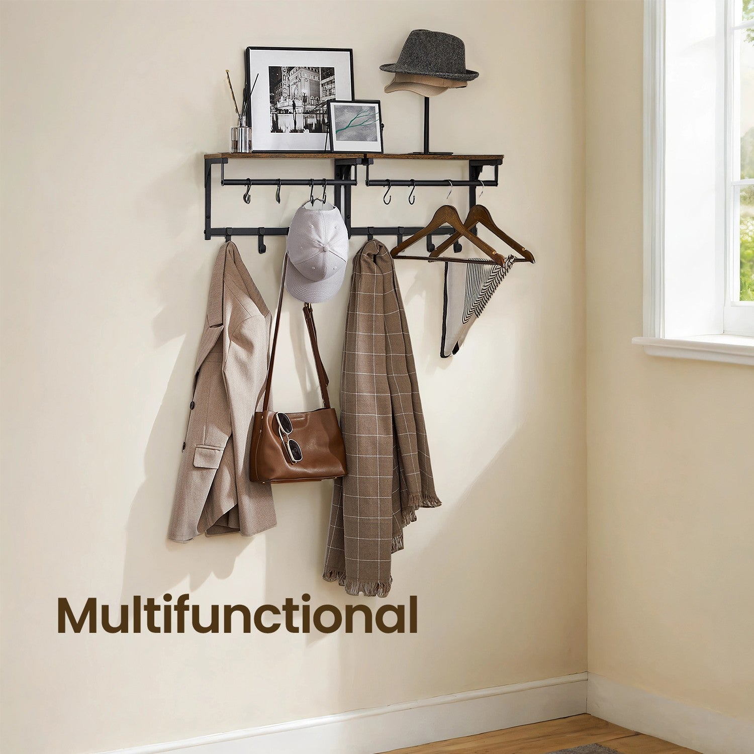 Wall Coat Rack - 8 Hooks with Shelf - Wood - Rustic Brown and Black