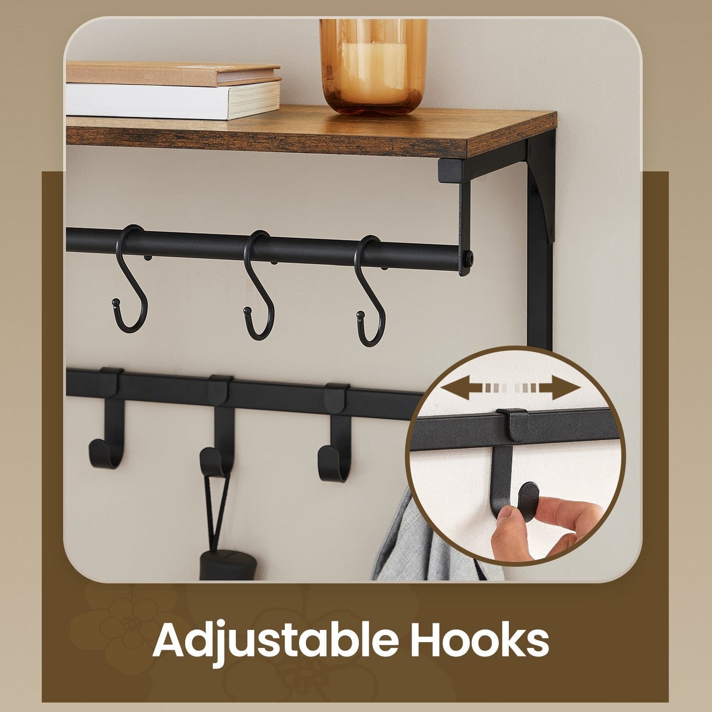Wall Coat Rack - 8 Hooks with Shelf - Wood - Rustic Brown and Black
