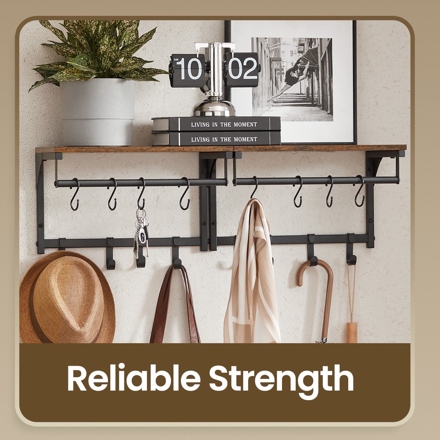 Wall Coat Rack - 8 Hooks with Shelf - Wood - Rustic Brown and Black