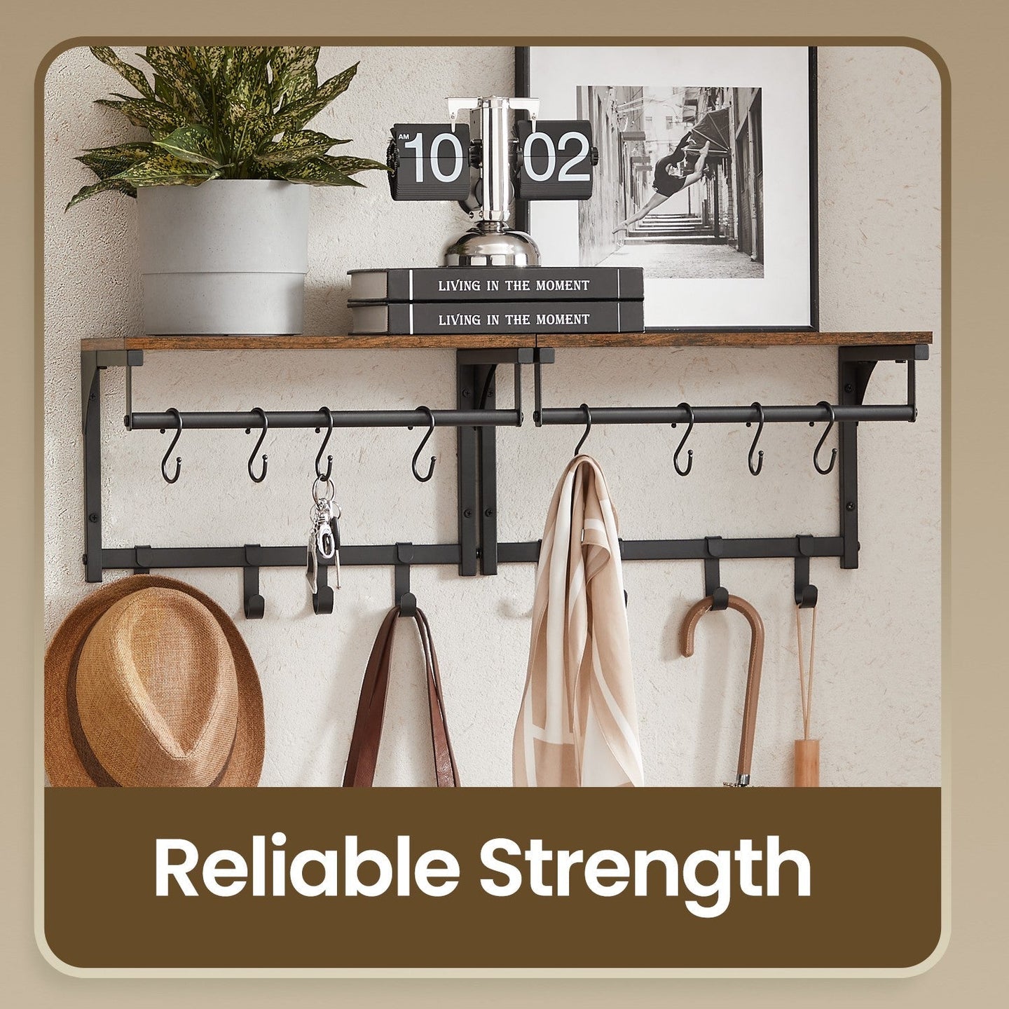 Wall Coat Rack - 8 Hooks with Shelf - Wood - Rustic Brown and Black
